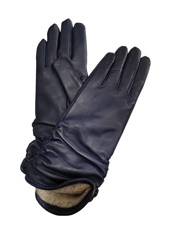 Guanto donna in pelle arricciato lungo Pelletteria Allegrini Filippo G4497 blu navy