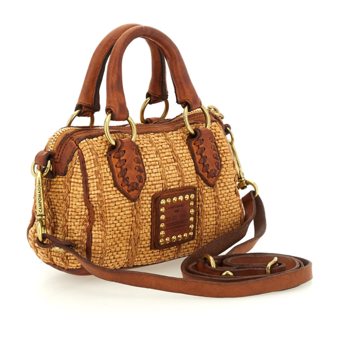 Mini trunk in raffia fabric and leather Riccarda-Montecatini Campomaggi C044150ND X3013 White dyed Cognac