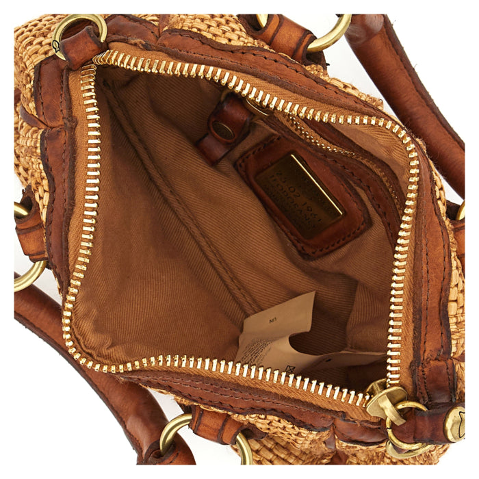 Mini trunk in raffia fabric and leather Riccarda-Montecatini Campomaggi C044150ND X3013 White dyed Cognac