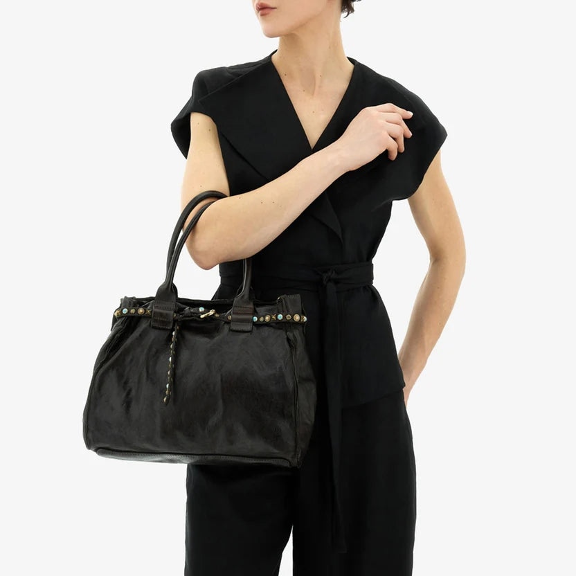 Shopping Rossella con stelle e pelle Campomaggi C041020ND X3159 moro