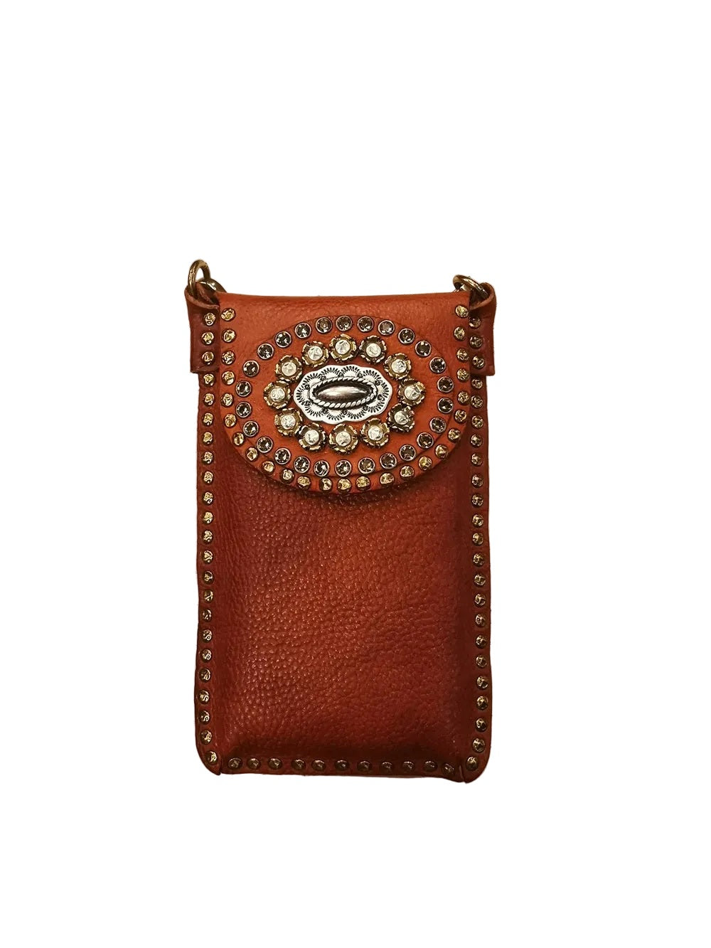 Portacellulare Lea in pelle con strass e rivetti Campomaggi C017401ND-X3232 Cognac