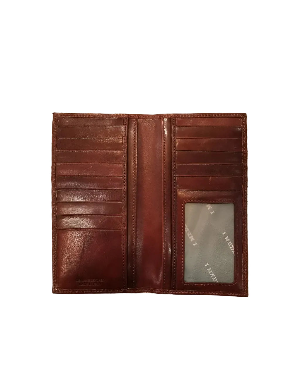 Portafoglio a libro, in cuoio, con 14 fessure per tessere. Made in Italy