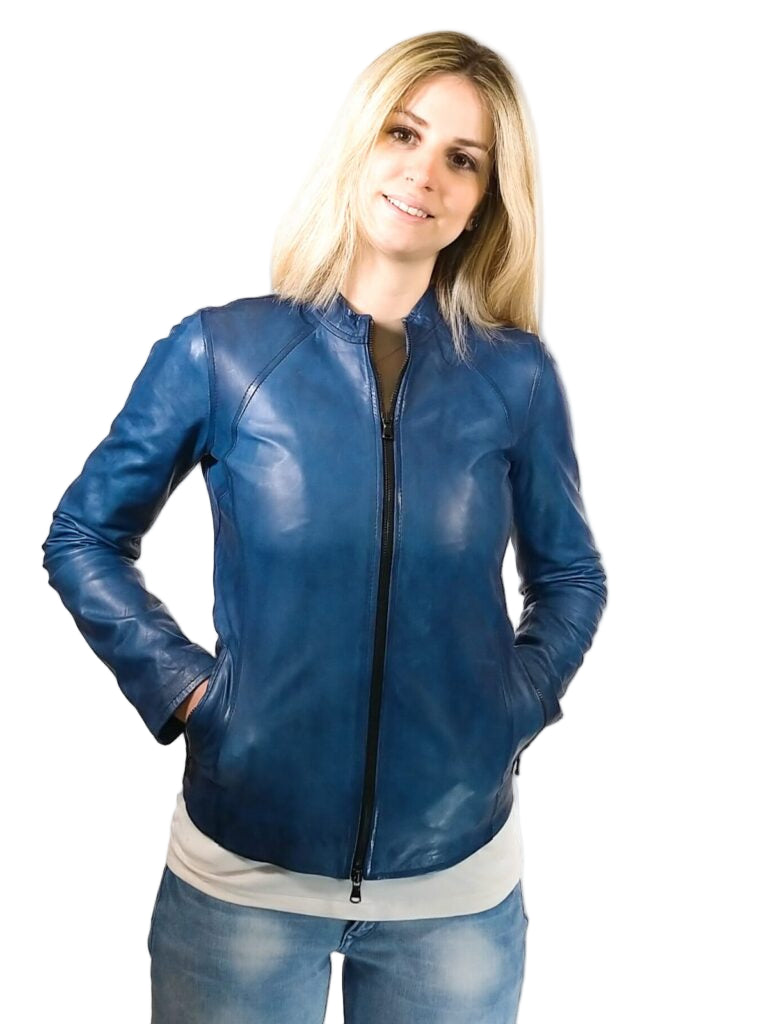 Giacca in pelle donna Romana tuscany tamponata a mano pelletteria allegrini bluette