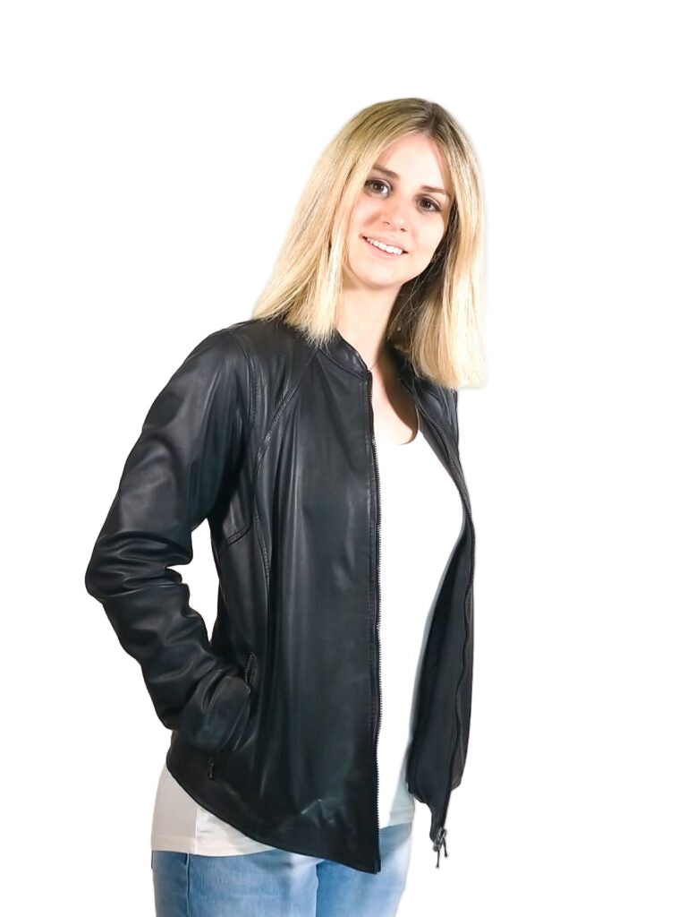 Giacca in pelle donna Romana tuscany tamponata a mano pelletteria nero