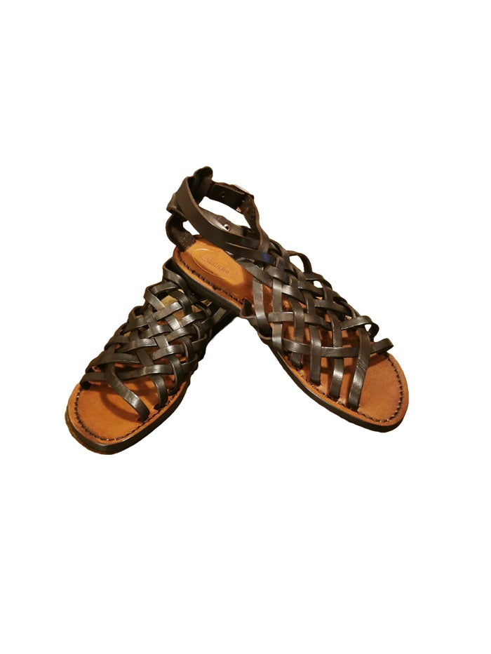 Sandalo cuoio incrociato con doppia fibbia donna Pelletteria Allegrini Filippo 585D testa di moro