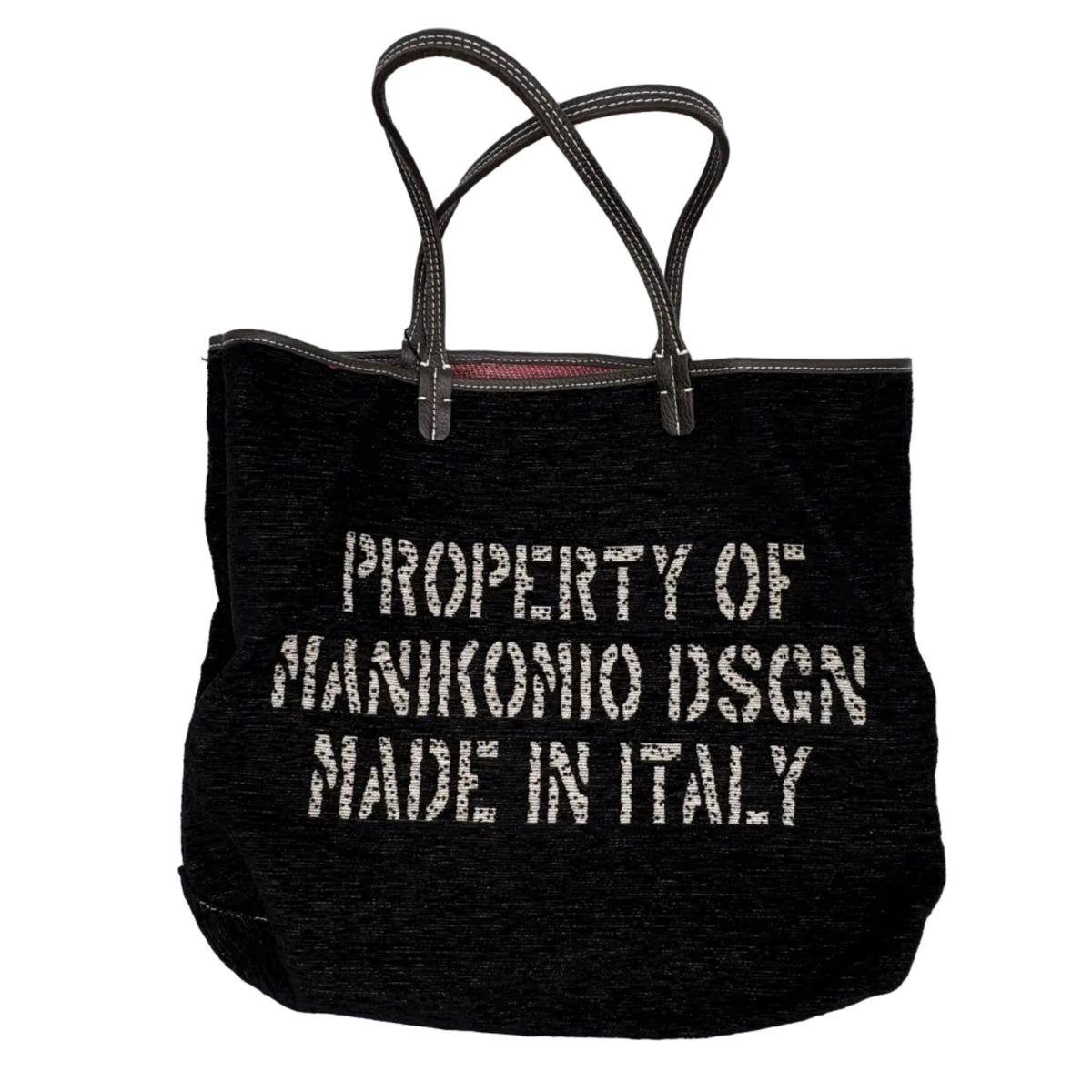 Shopper in tessuto tinta unita, con banda centrale multicolor e classica scritta MANIKOMIO, con borsetta interna staccabile.