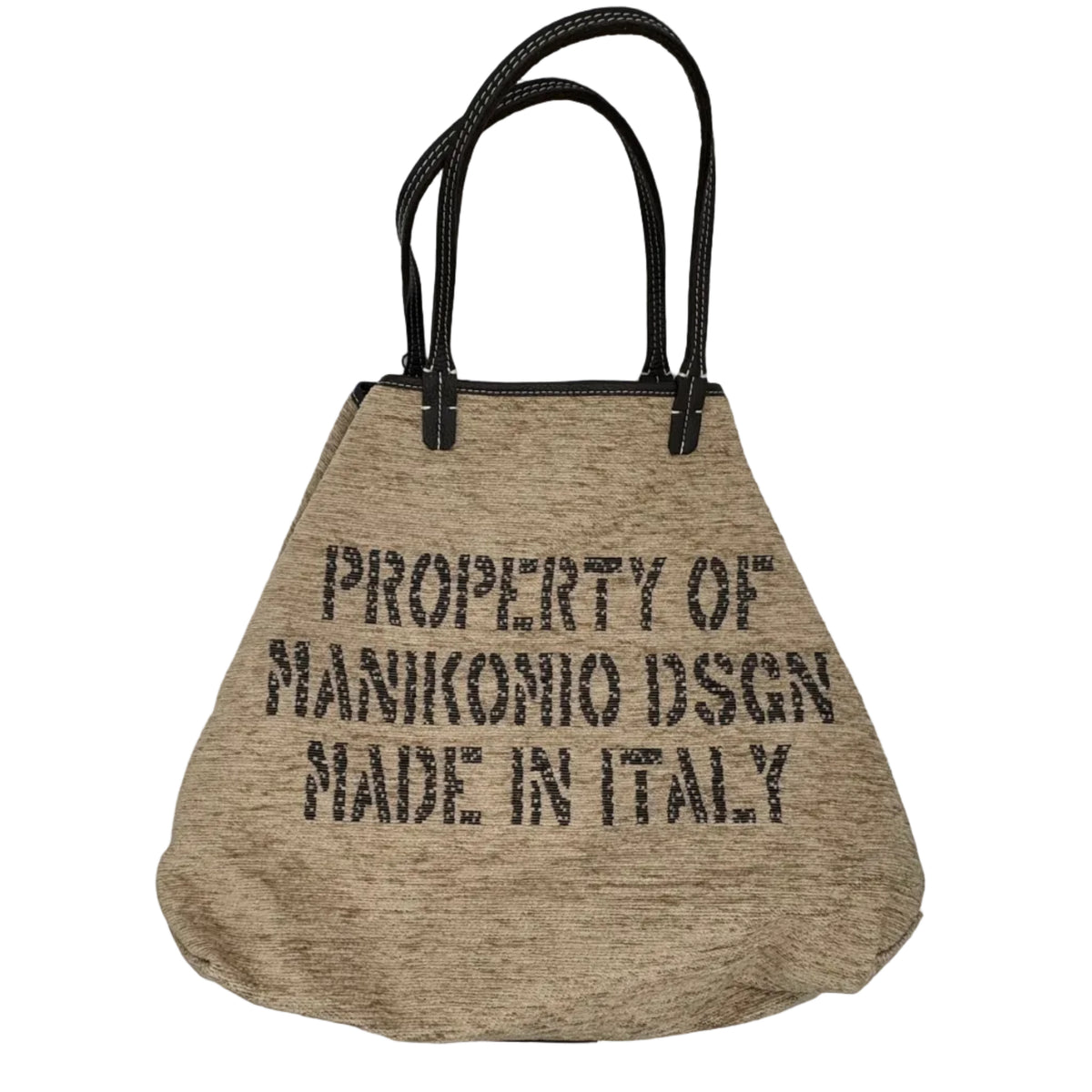Shopper in tessuto tinta unita, con banda centrale multicolor e classica scritta MANIKOMIO, con borsetta interna staccabile.