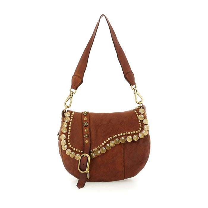 Tracolla in pelle con borchie Gioachina Campomaggi C029370ND X3010 Cognac
