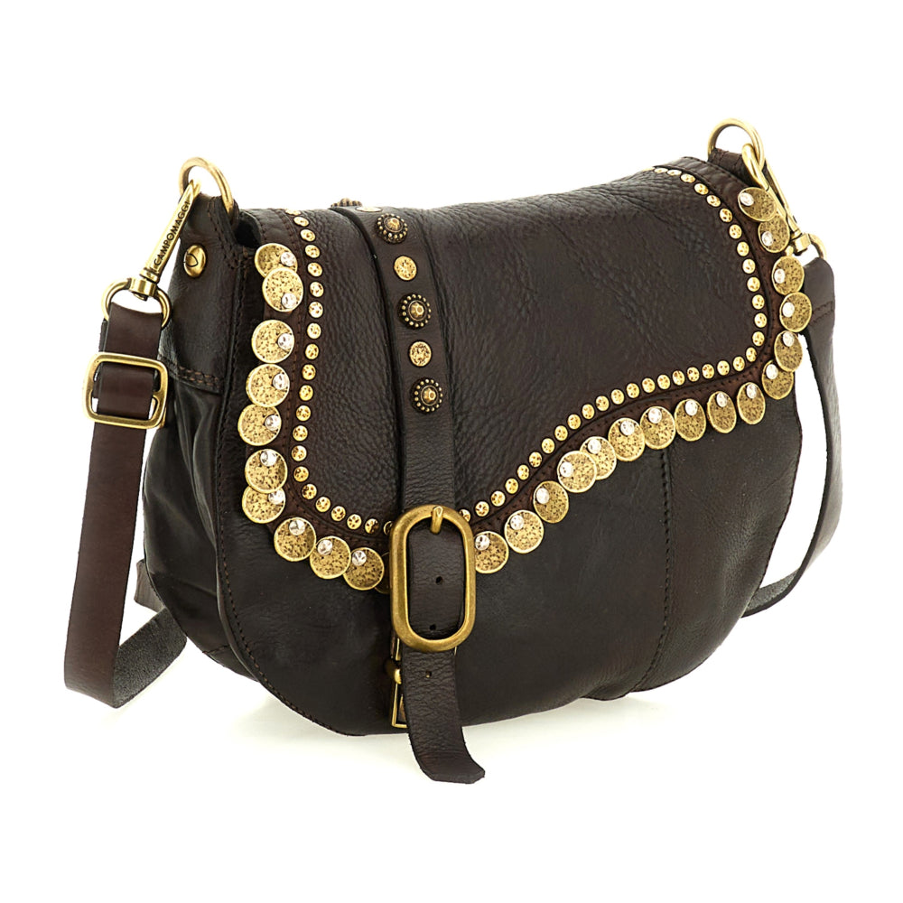 Tracolla in pelle con borchie Gioachina Campomaggi C029370ND X3010 Testa di moro