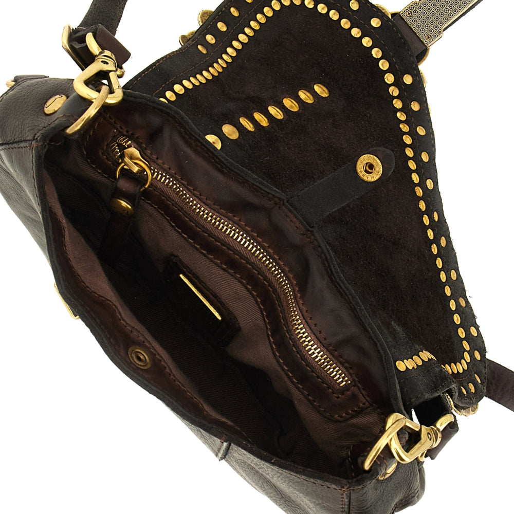 Tracolla in pelle con borchie Gioachina Campomaggi C029370ND X3010 Testa di moro