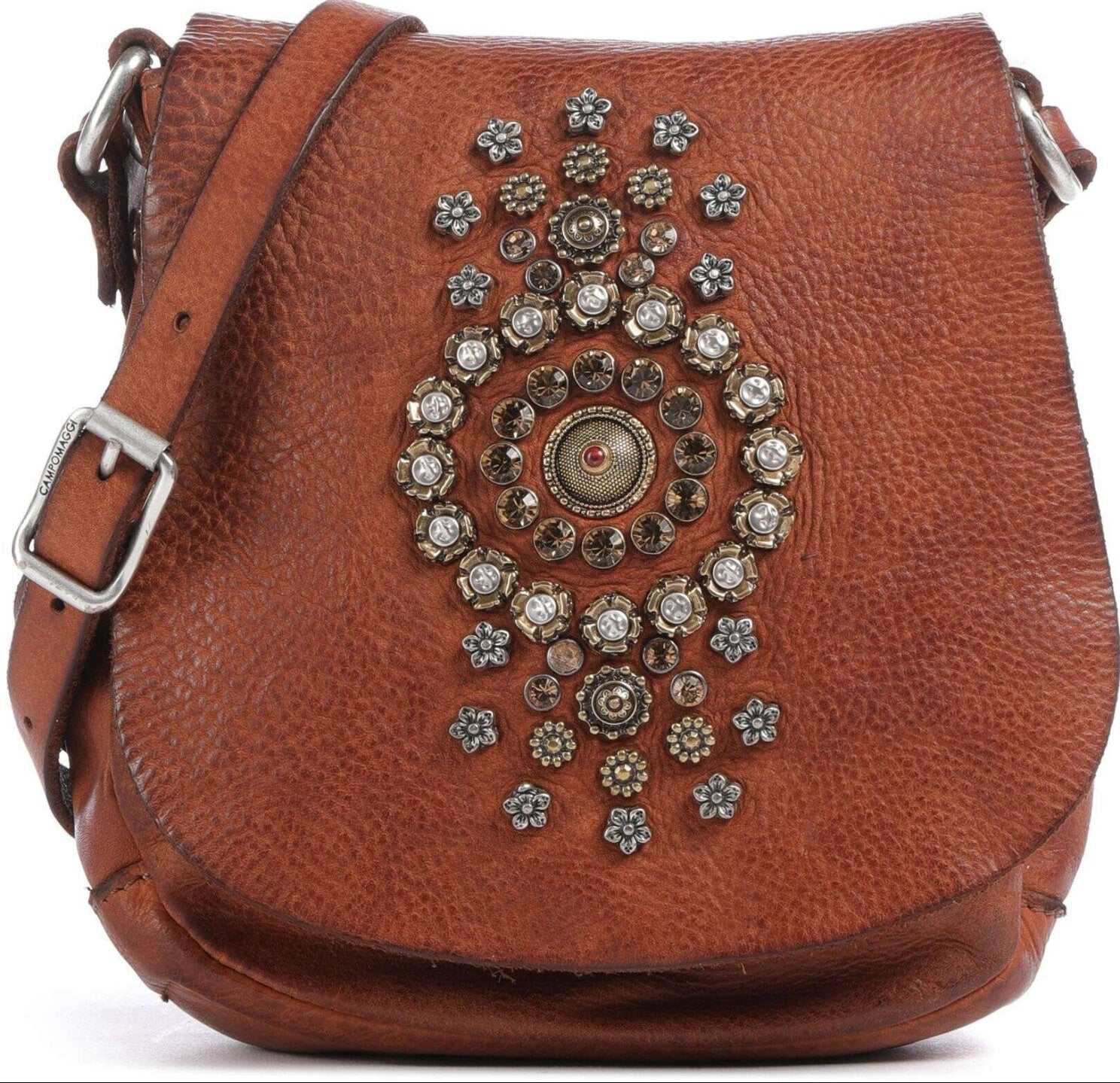 Tracollina Giada con strass+fiori in pelle Campomaggi C000250ND X3037 cognac - Pelletteria Allegrini