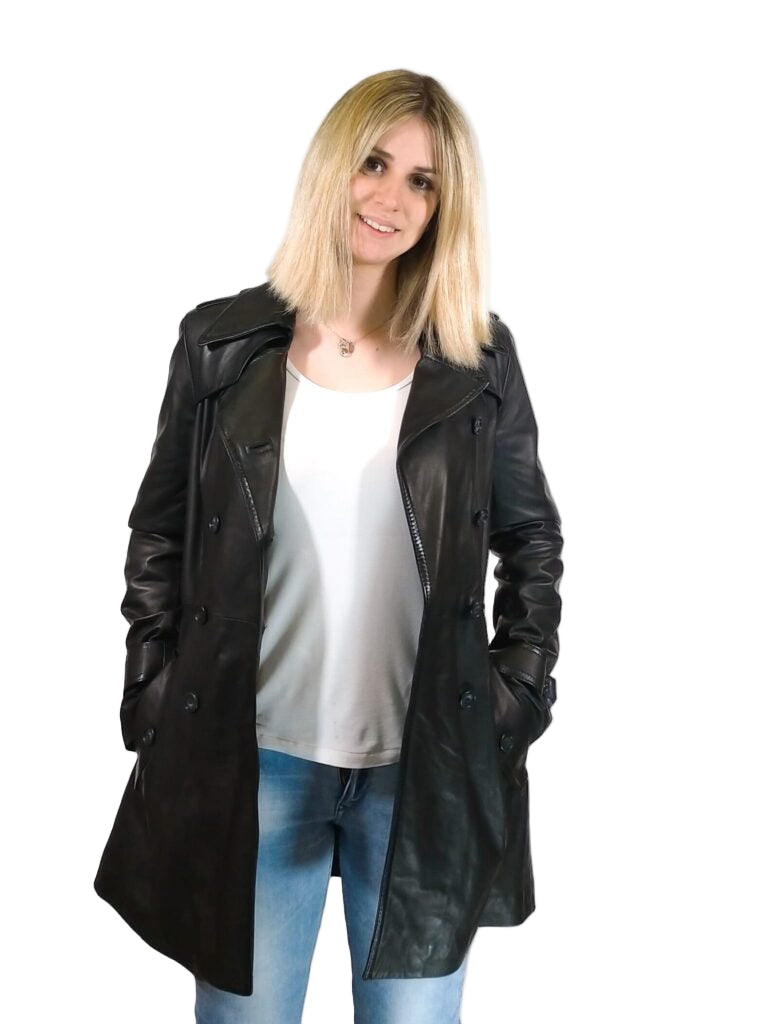 TRENCH donna in pelle Tuscany tamponato a mano Pelletteria Allegrini Filippo Nero