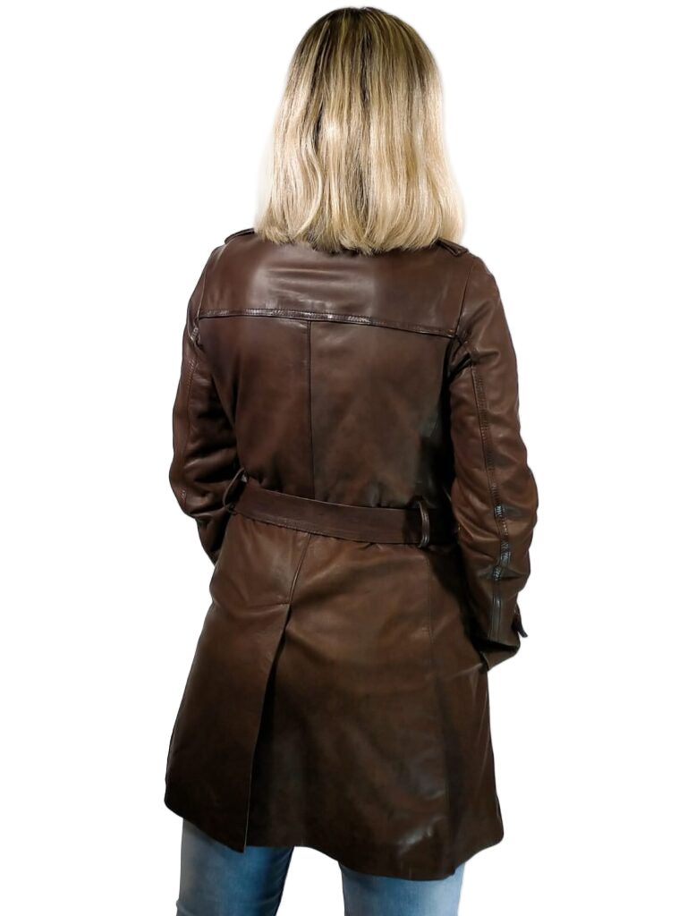 Women's trench coat in hand-stamped Tuscany leather, Allegrini leather goods, dark brown