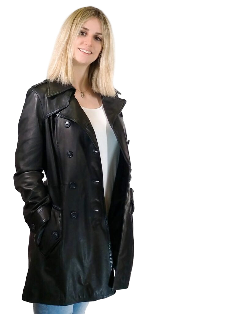 Women's trench coat in hand-stamped Tuscany leather, Allegrini leather goods, black