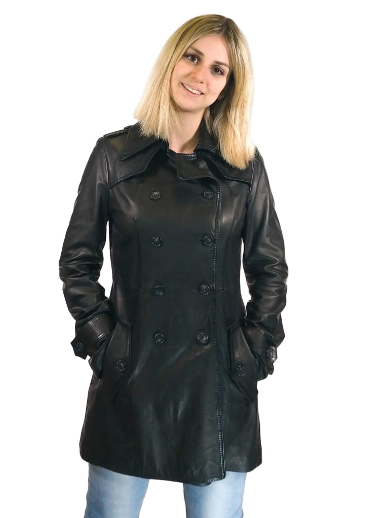 Women's trench coat in hand-stamped Tuscany leather, Allegrini leather goods, black