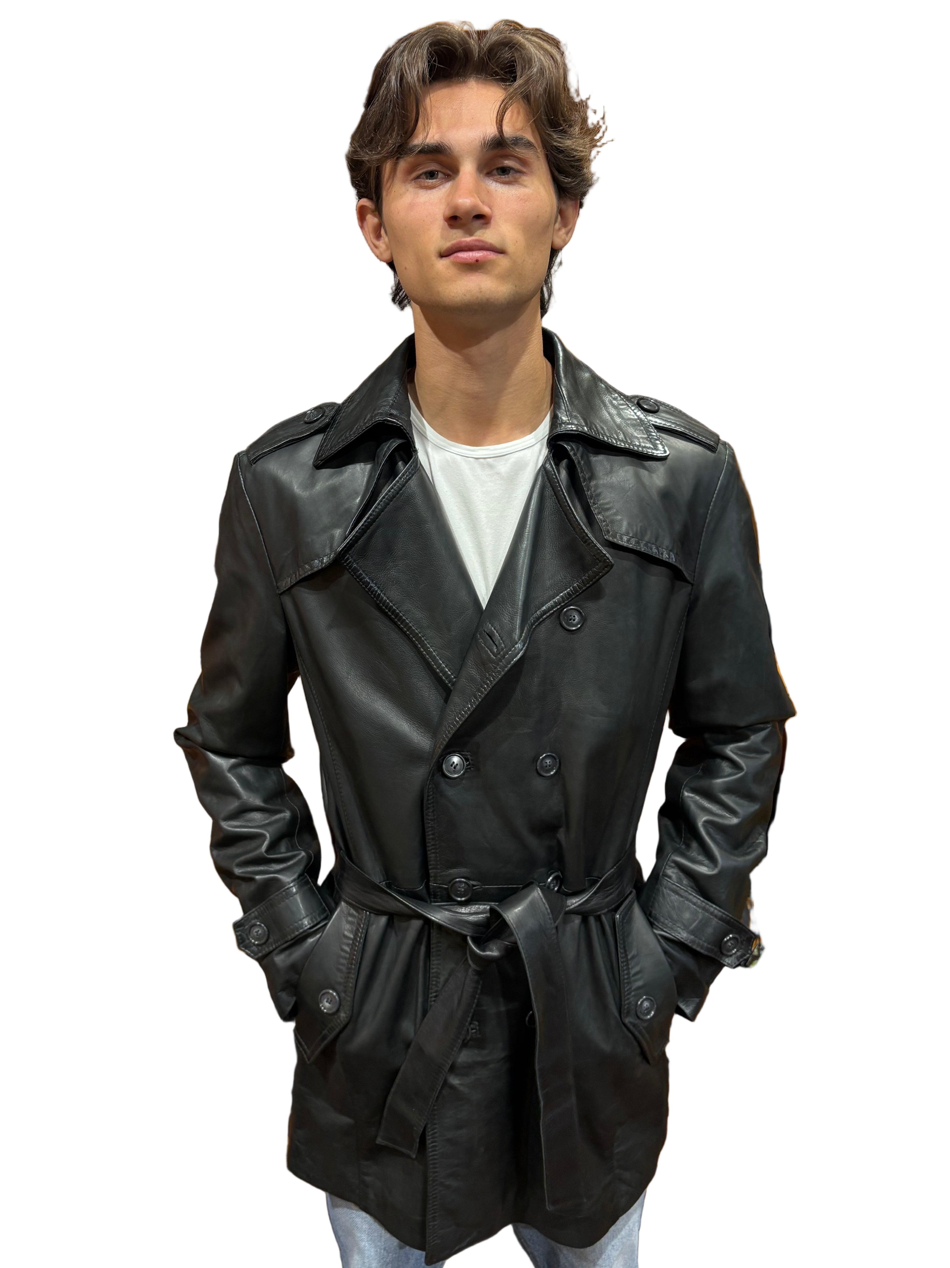 TRENCH uomo in pelle tamponato a mano Tuscany Pelletteria Allegrini Filippo Nero