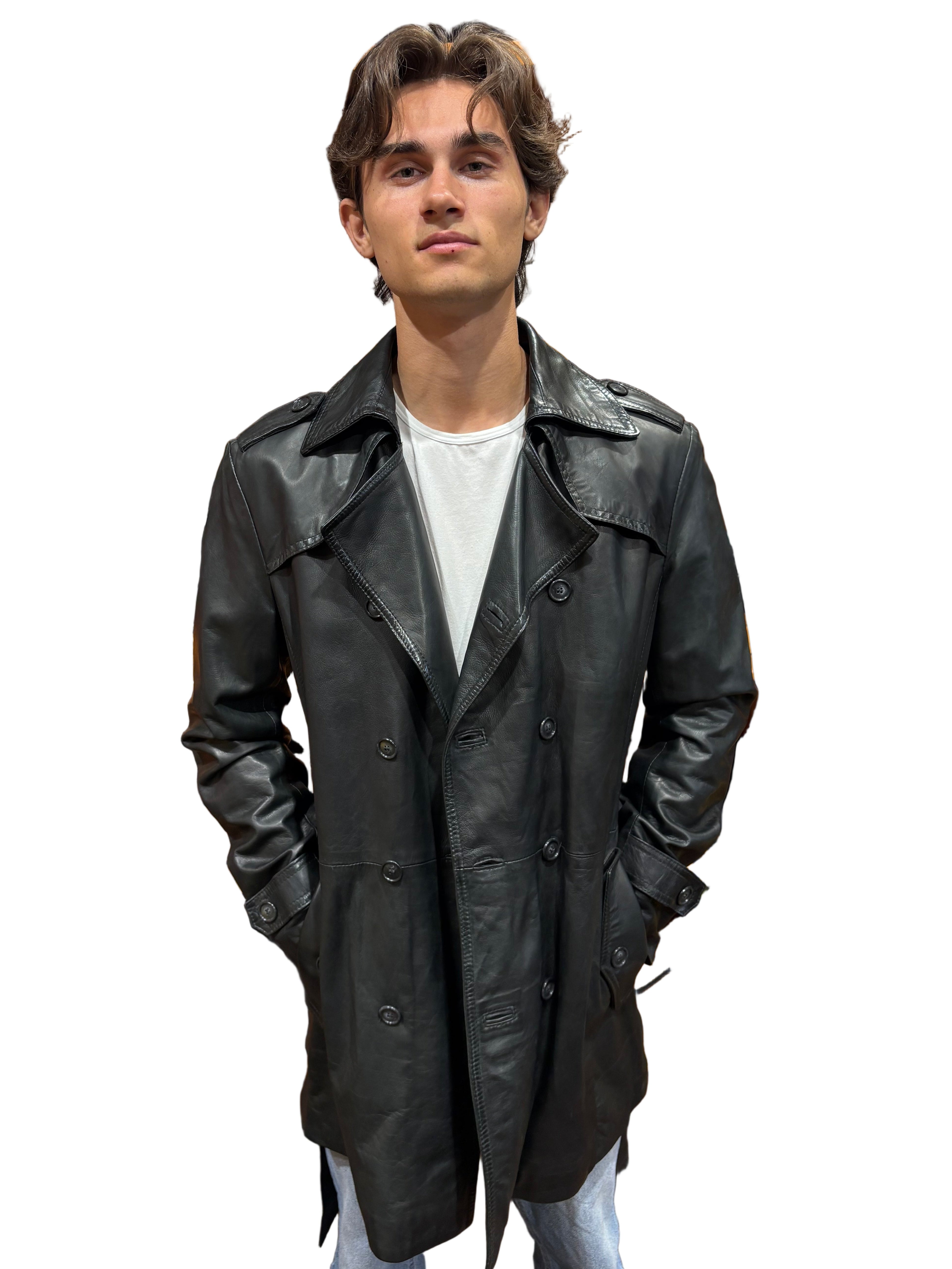 Men's leather hand-stamped trench coat Tuscany Pelletteria Allegrini Filippo Trench Black
