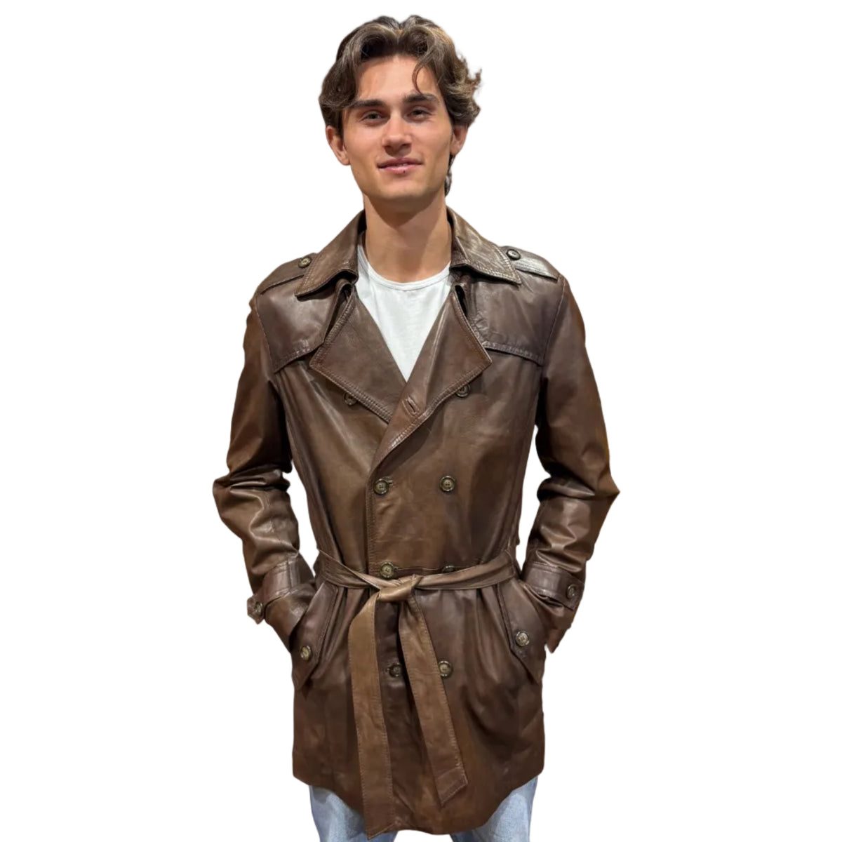 TRENCH uomo in pelle tamponato a mano Tuscany Pelletteria Allegrini Filippo Testa di moro - Pelletteria Allegrini