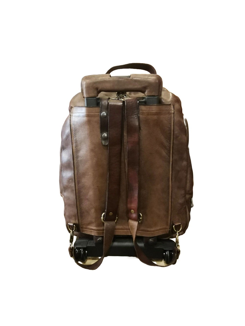 Trolley in pelle, con effetto vintage. Può essere rimossa la struttura delle ruote e fatto diventare uno zaino. Concia al vegetale. Made in Italy