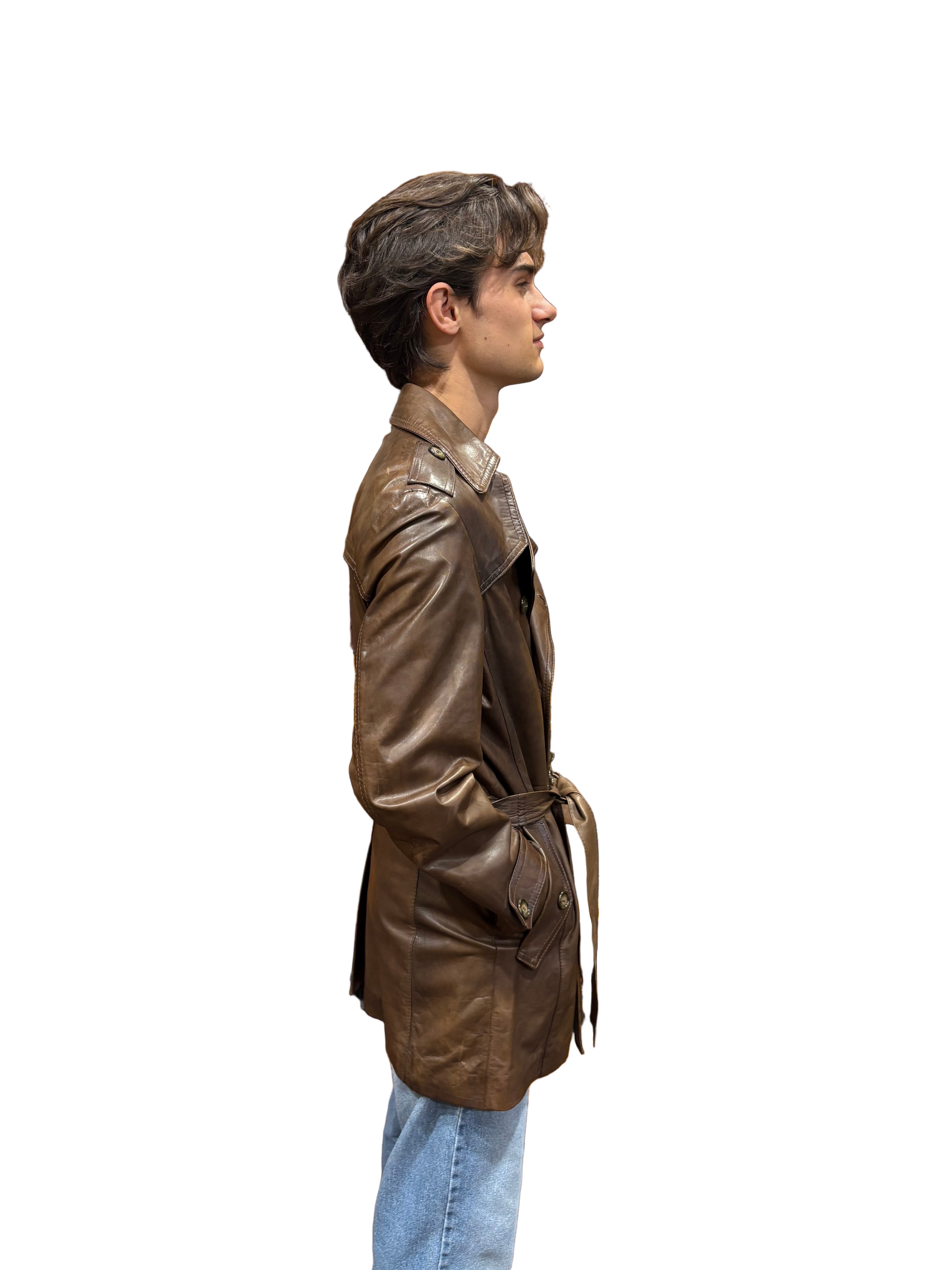 Men's leather trench coat, hand-stamped, Allegrini leather goods, Tuscany, dark brown