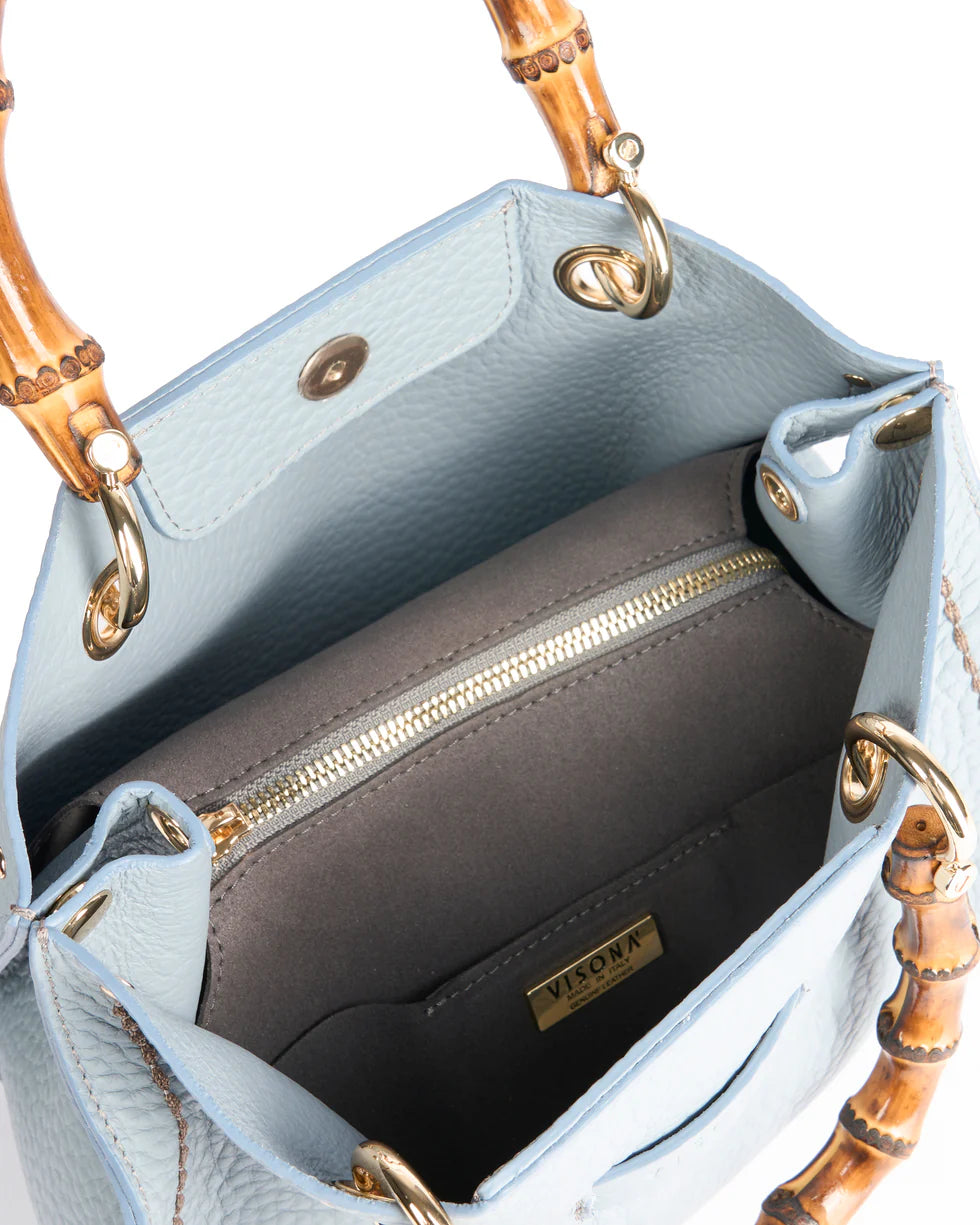 Borsa in pelle con manico bamboo Visonà 20157 cielo