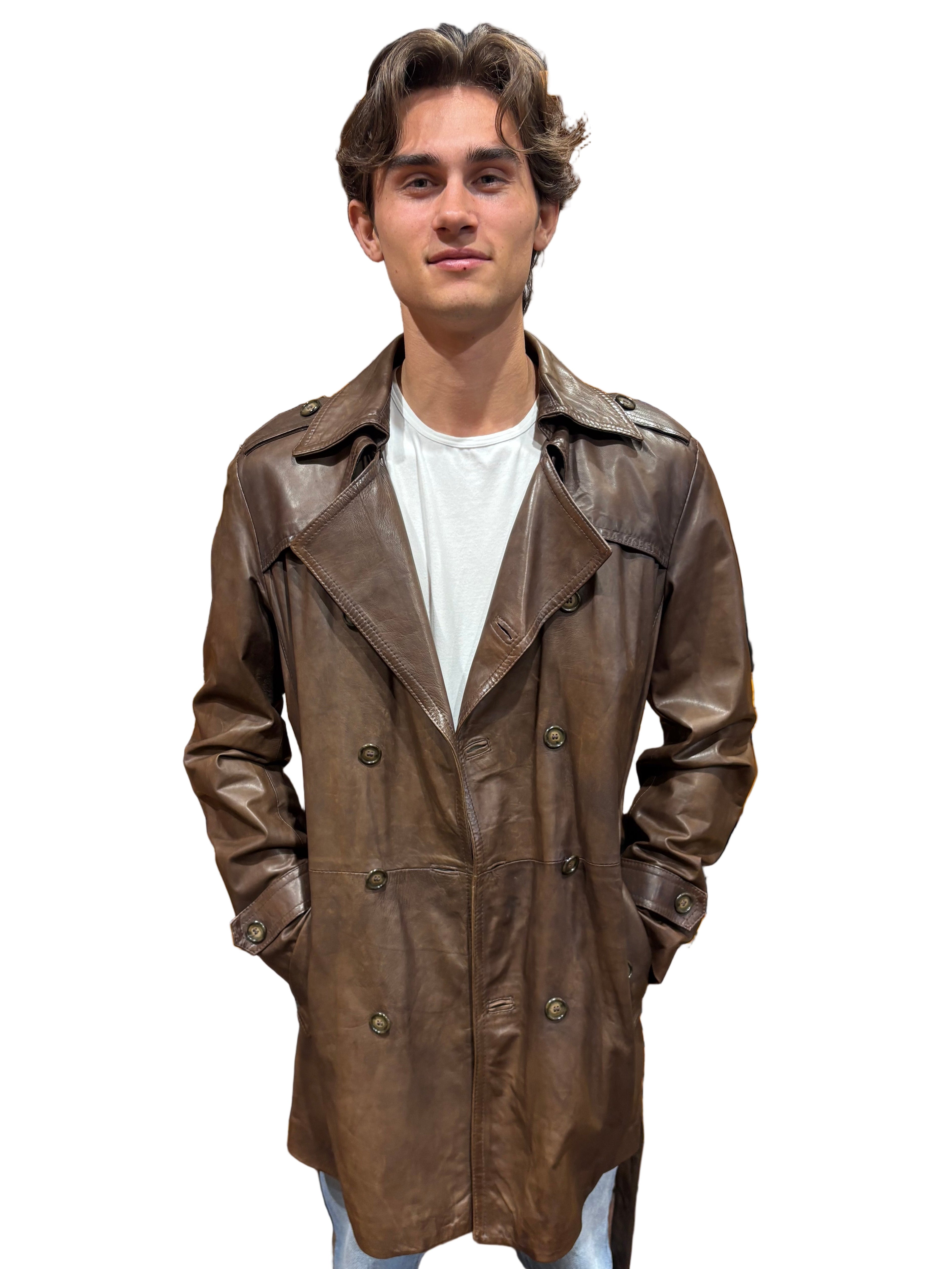Men's leather trench coat, hand-stamped, Allegrini leather goods, Tuscany, dark brown