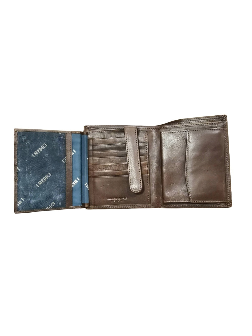 Portafoglio in cuoio con 14 fessure per tessere, con ribaltina interna e spazio per mettere documenti in vista. Compreso di tasca porta spiccioli. Made in Italy