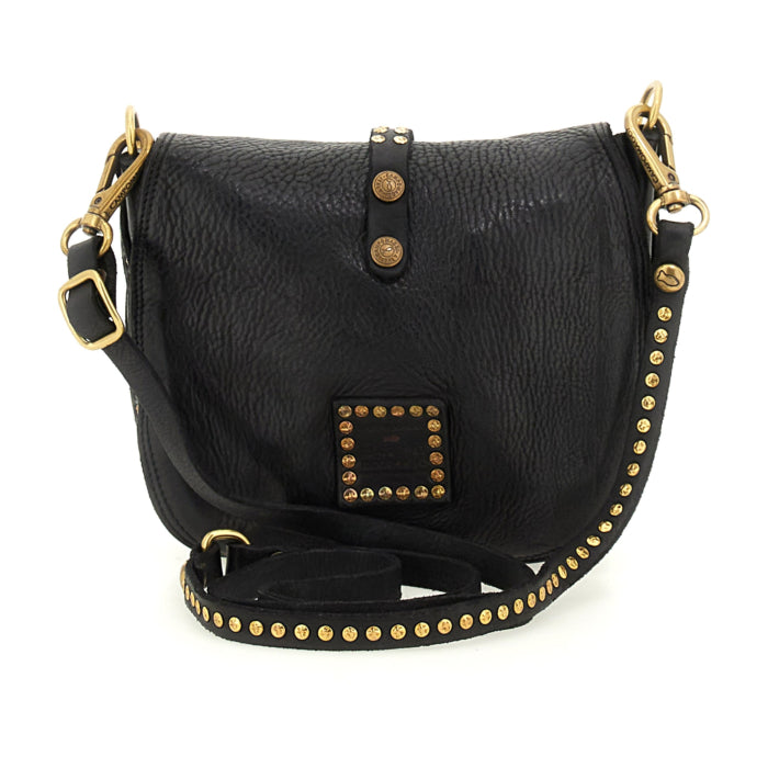 Campomaggi C041020ND X2885 Black Leather Shopping Bag with Rivets and Rhinestones