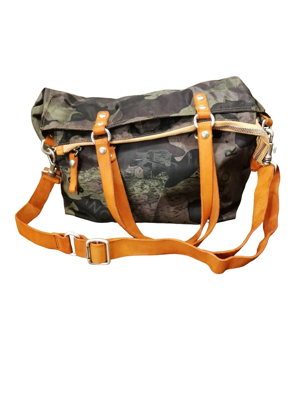 Borsa shopper in tessuto "vela" con manici e tracolla Campomaggi C041720ND-X2632 Camouflage+T/Arancio