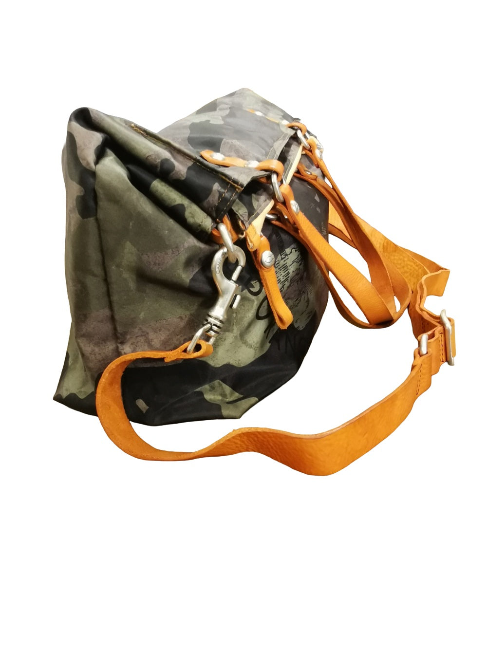 Borsa shopper in tessuto "vela" con manici e tracolla Campomaggi C041720ND-X2632 Camouflage+T/Arancio