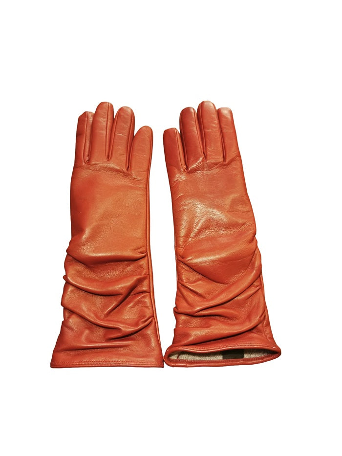 Guanto donna in pelle arricciato lungo Pelletteria Allegrini g4497 rubino