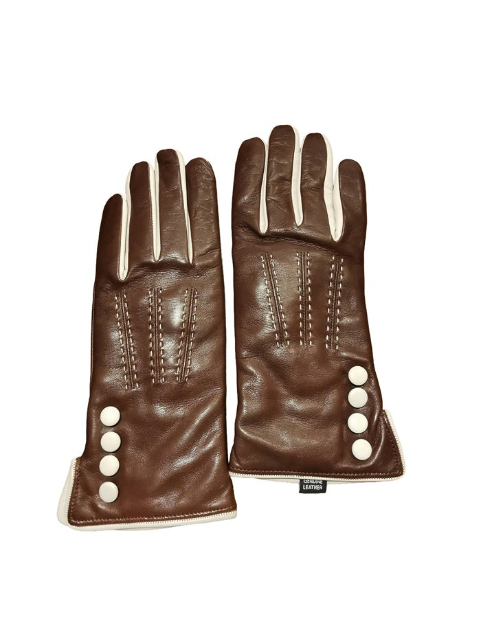 Guanto donna in pelle con bottoni laterali pelletteria allegrini g5534 marrone/beige