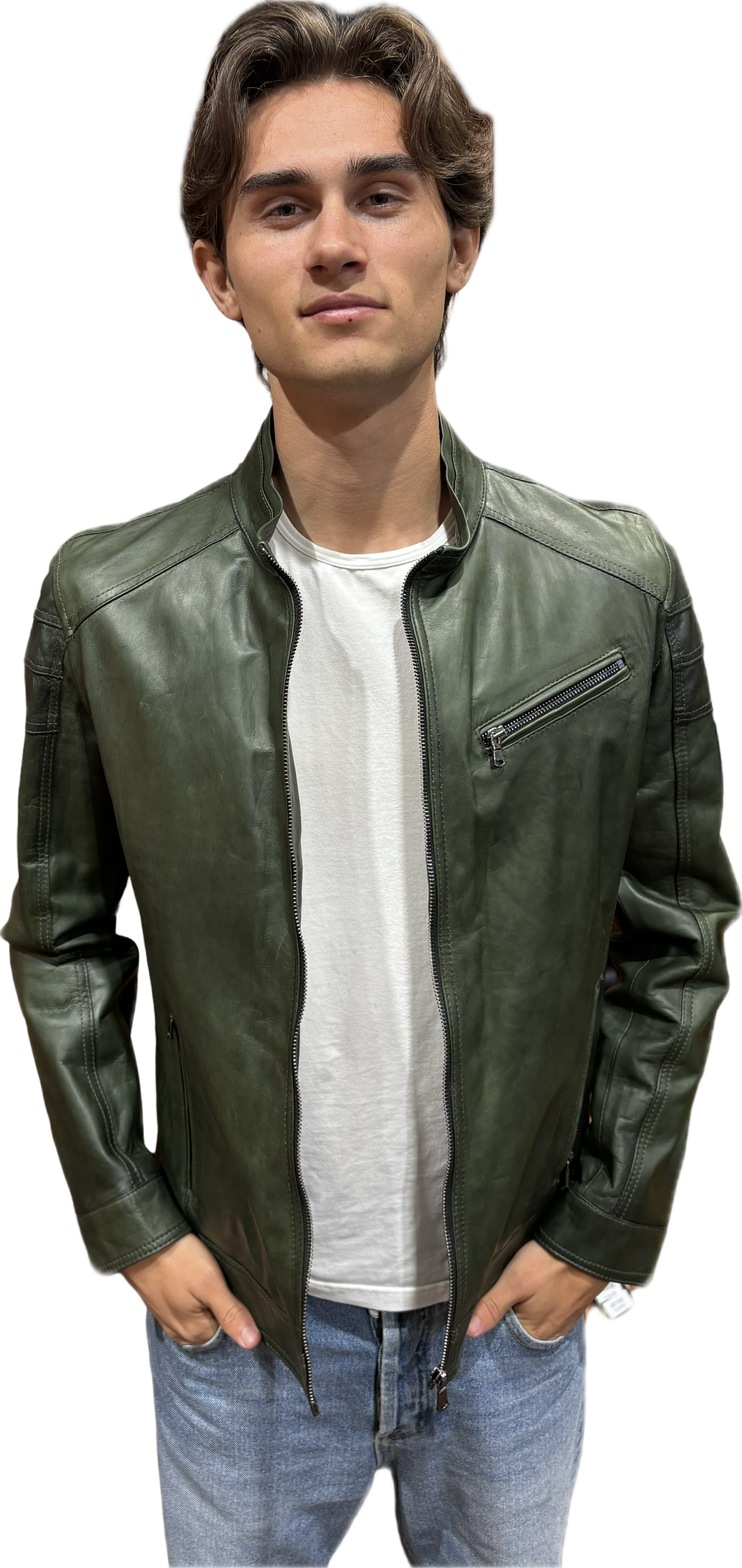 Giacca in pelle uomo tamponata a mano pegaso tuscany verde