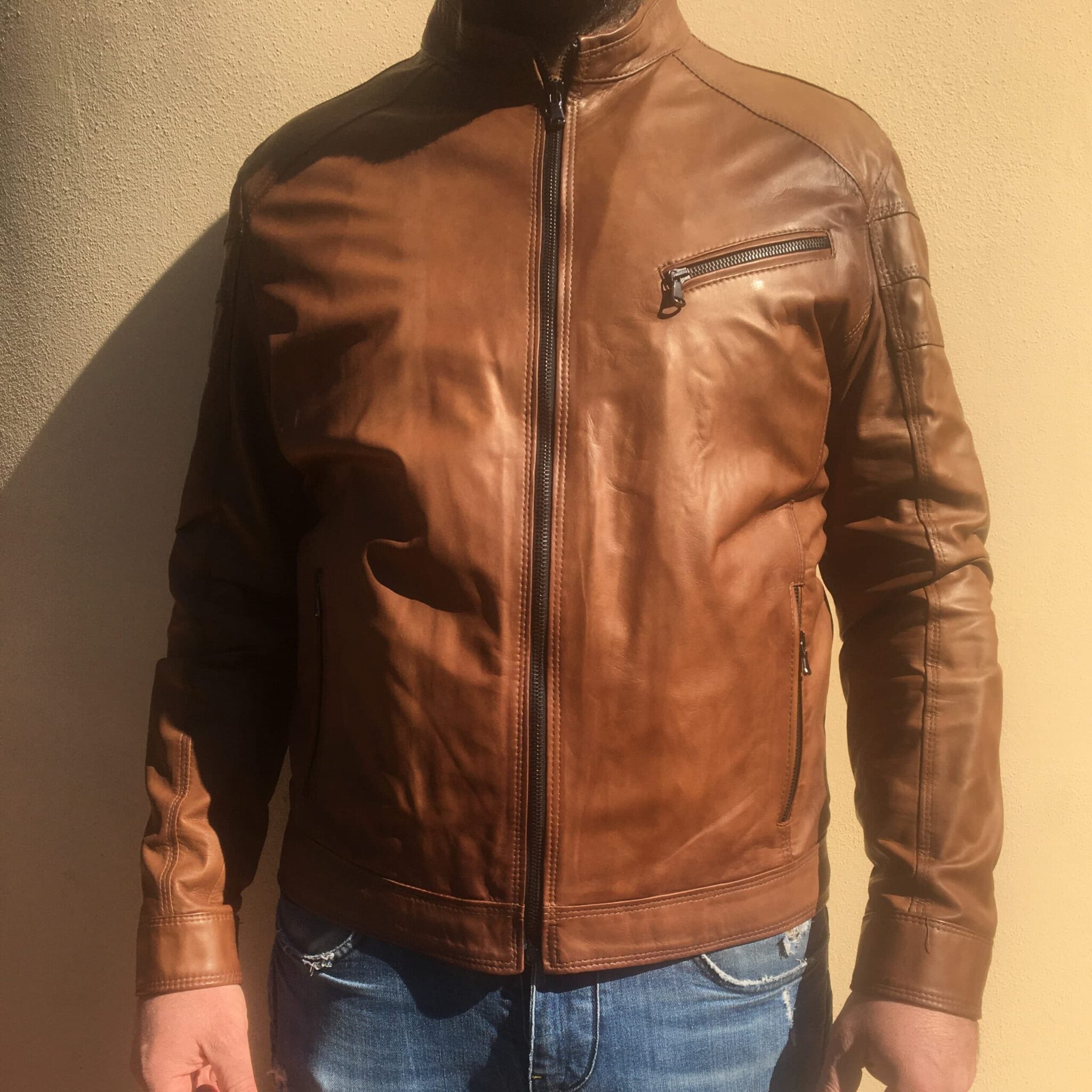 Giacca in pelle uomo tamponata a mano pegaso tuscany bruciato