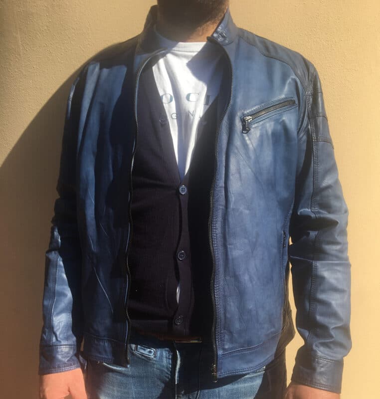 Giacca in pelle uomo tamponata a mano pegaso tuscany bluette