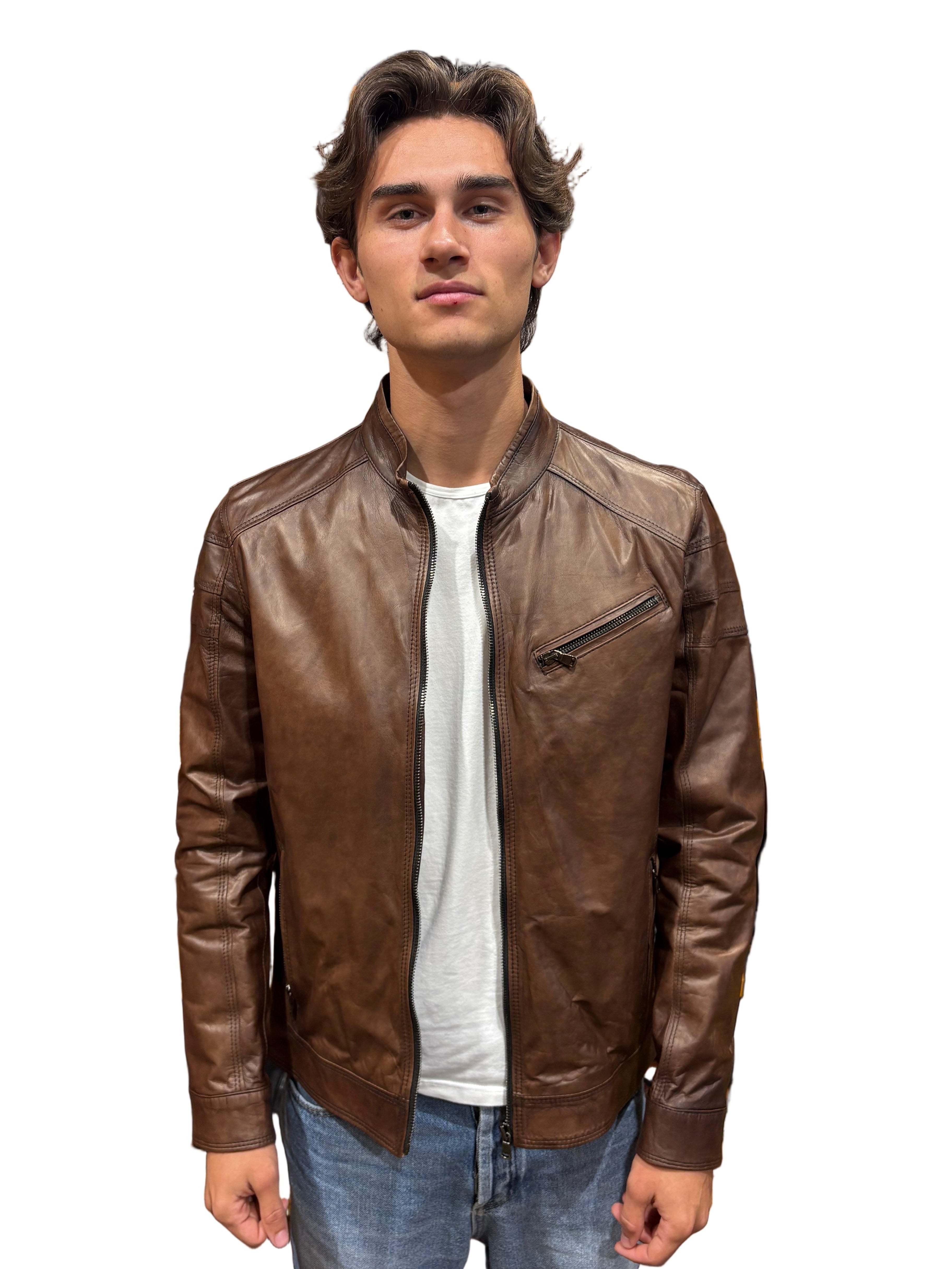Pegaso Tuscany men's hand-buffed leather jacket in dark brown