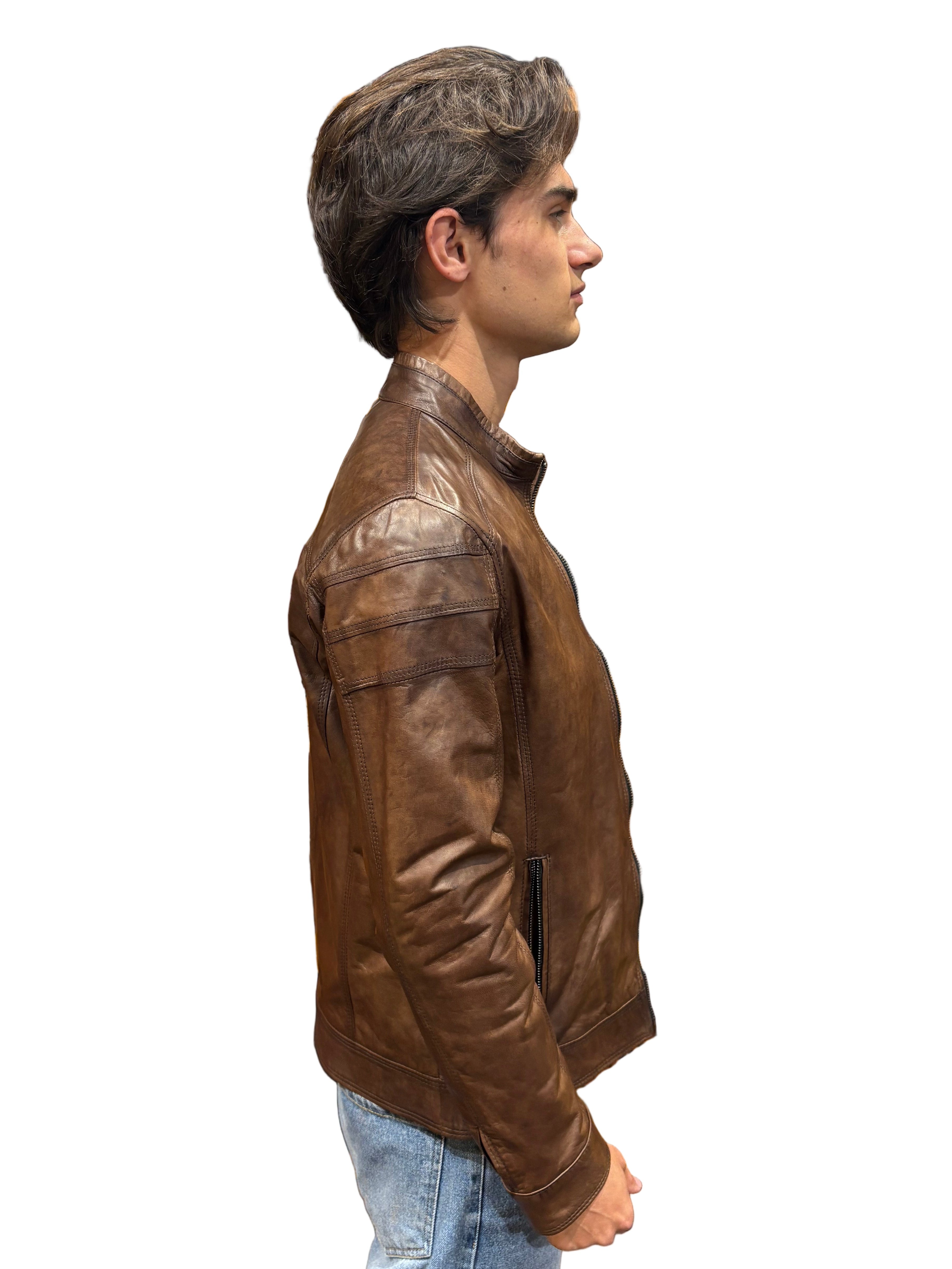 Pegaso Tuscany men's hand-buffed leather jacket in dark brown