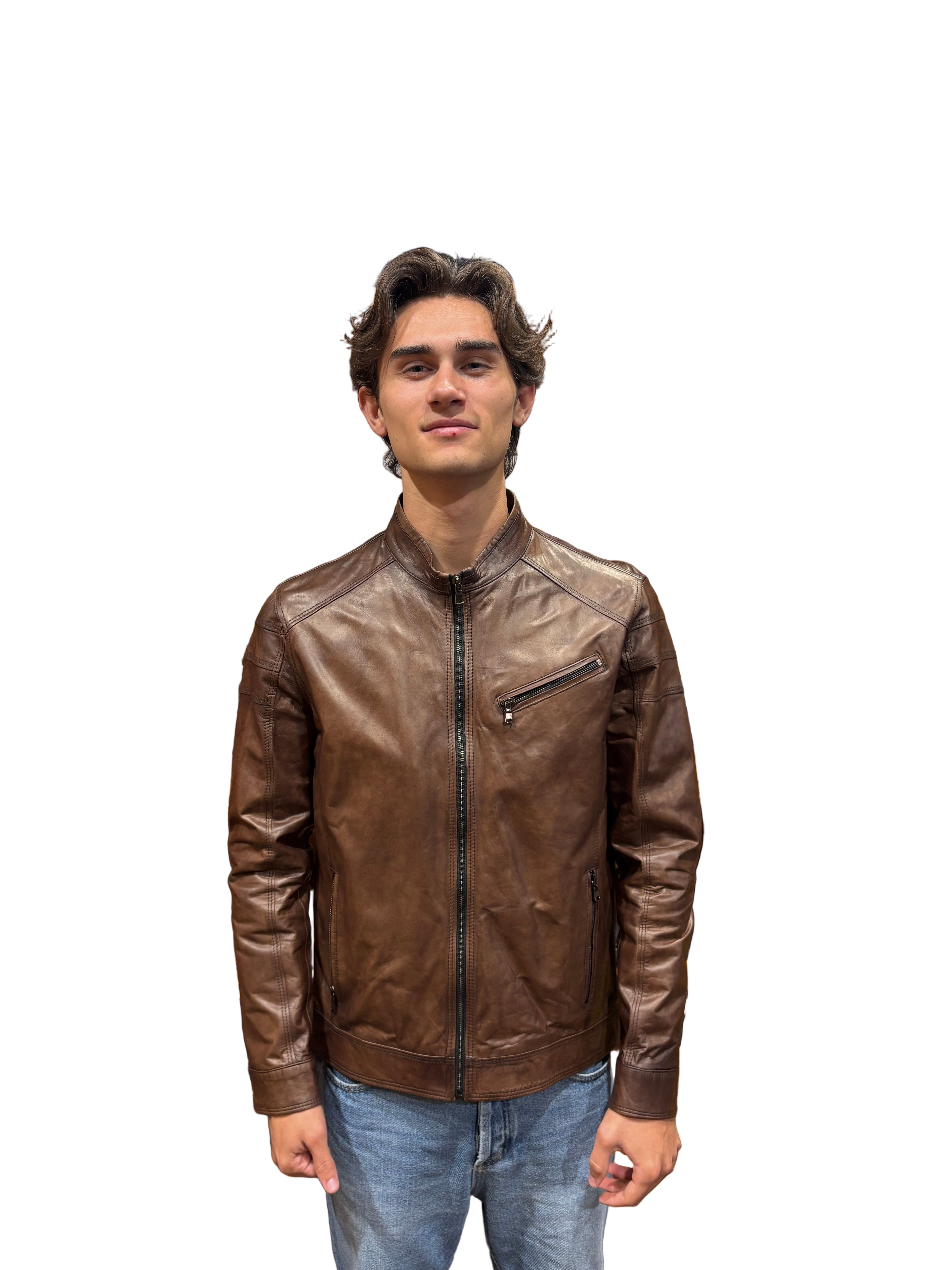 Pegaso Tuscany men's hand-buffed leather jacket in dark brown
