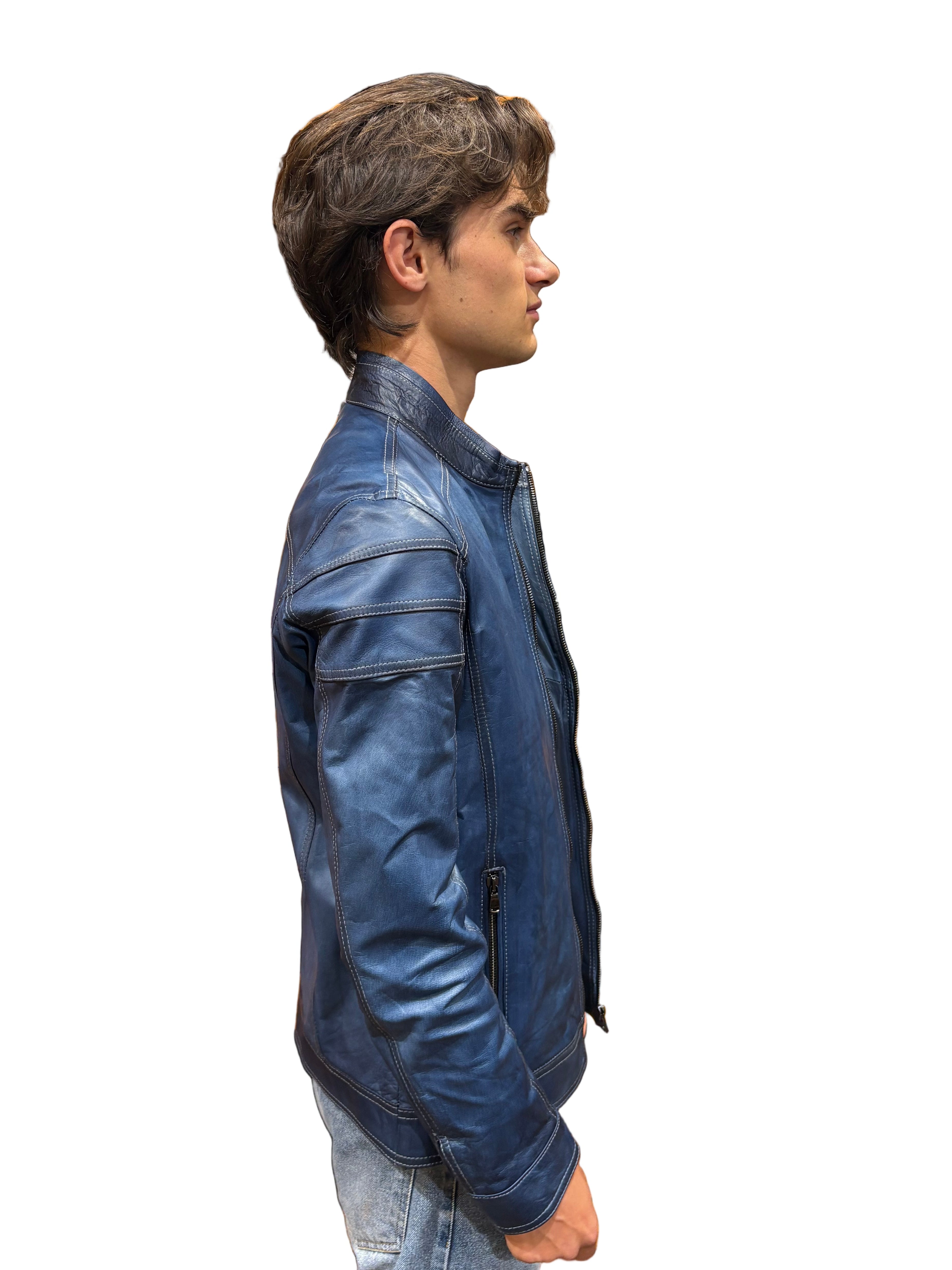 Pegaso Tuscany men's hand-buffed leather jacket, bluette