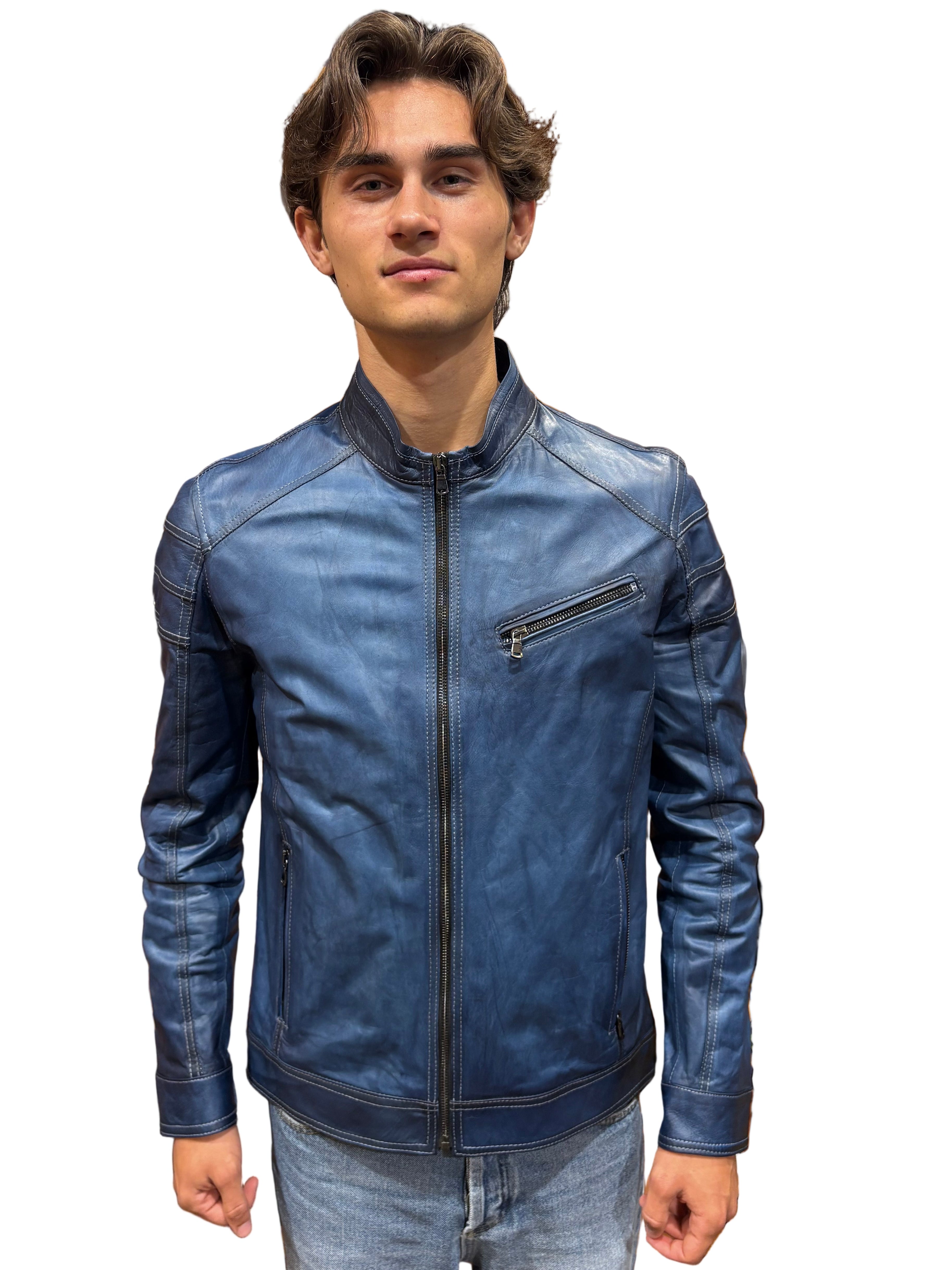Pegaso Tuscany men's hand-buffed leather jacket, bluette
