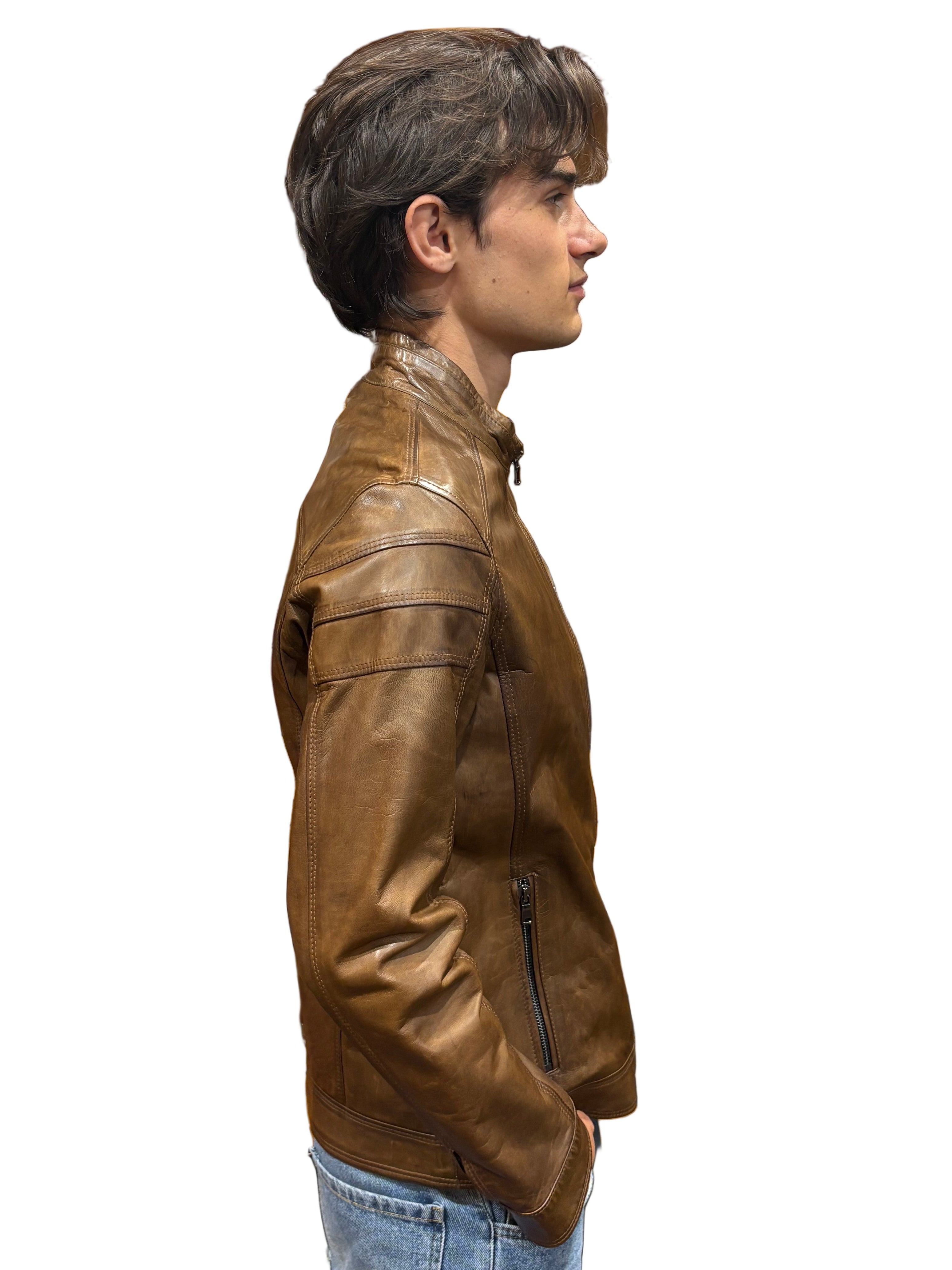 Pegaso Tuscany Men's Hand-Dampened Leather Jacket Burnt