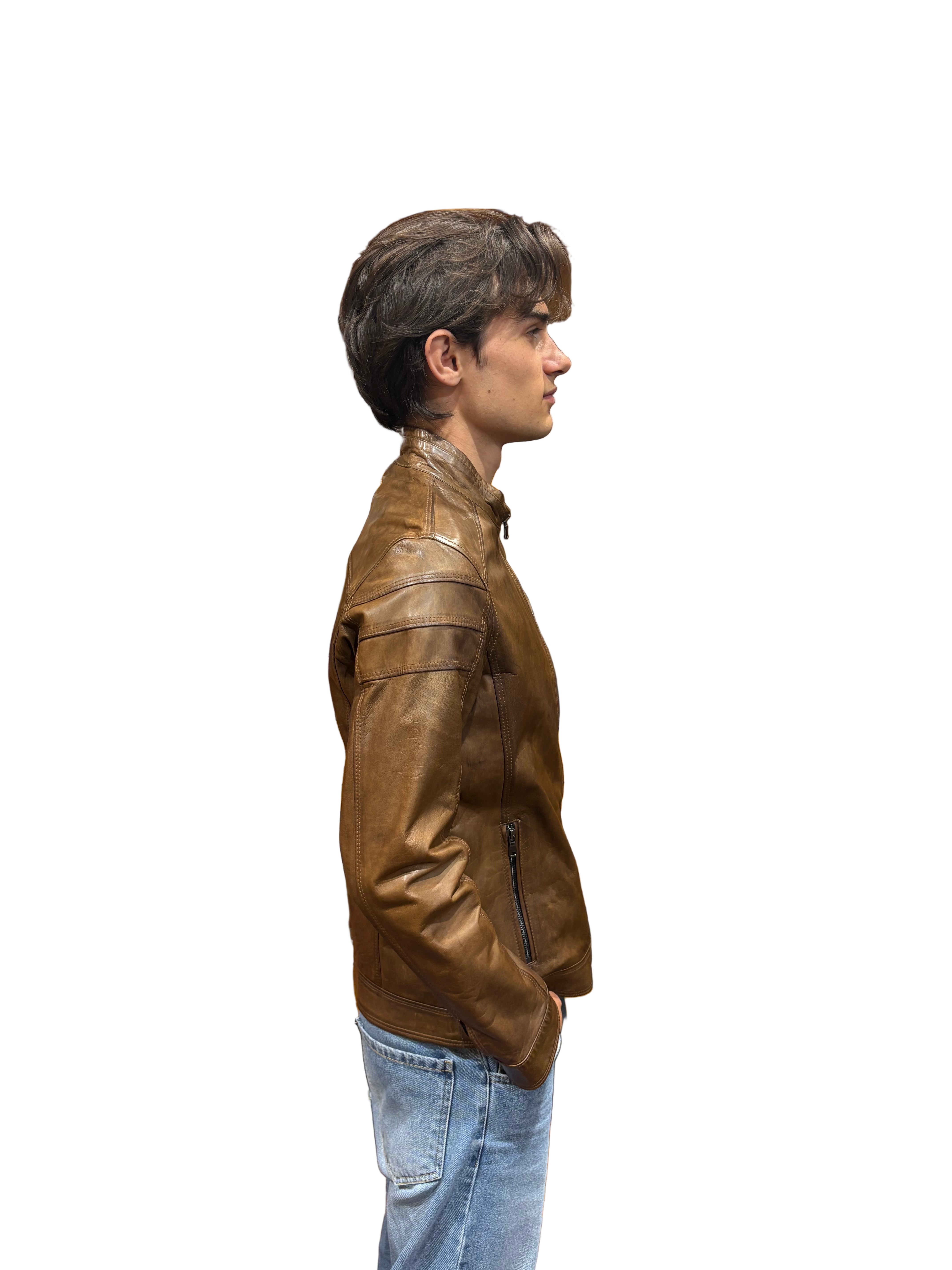 Pegaso Tuscany Men's Hand-Dampened Leather Jacket Burnt