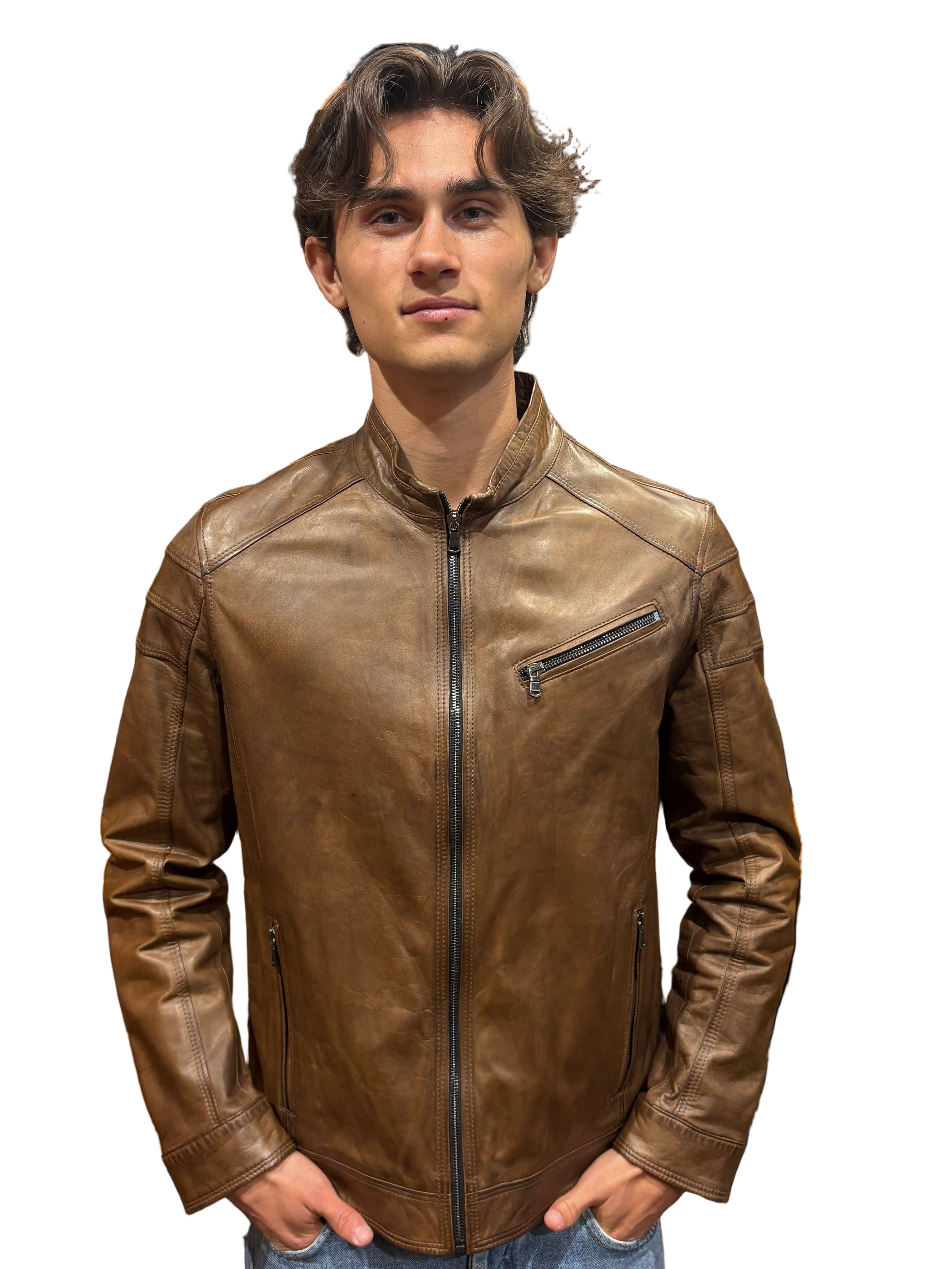 Pegaso Tuscany Men's Hand-Dampened Leather Jacket Burnt