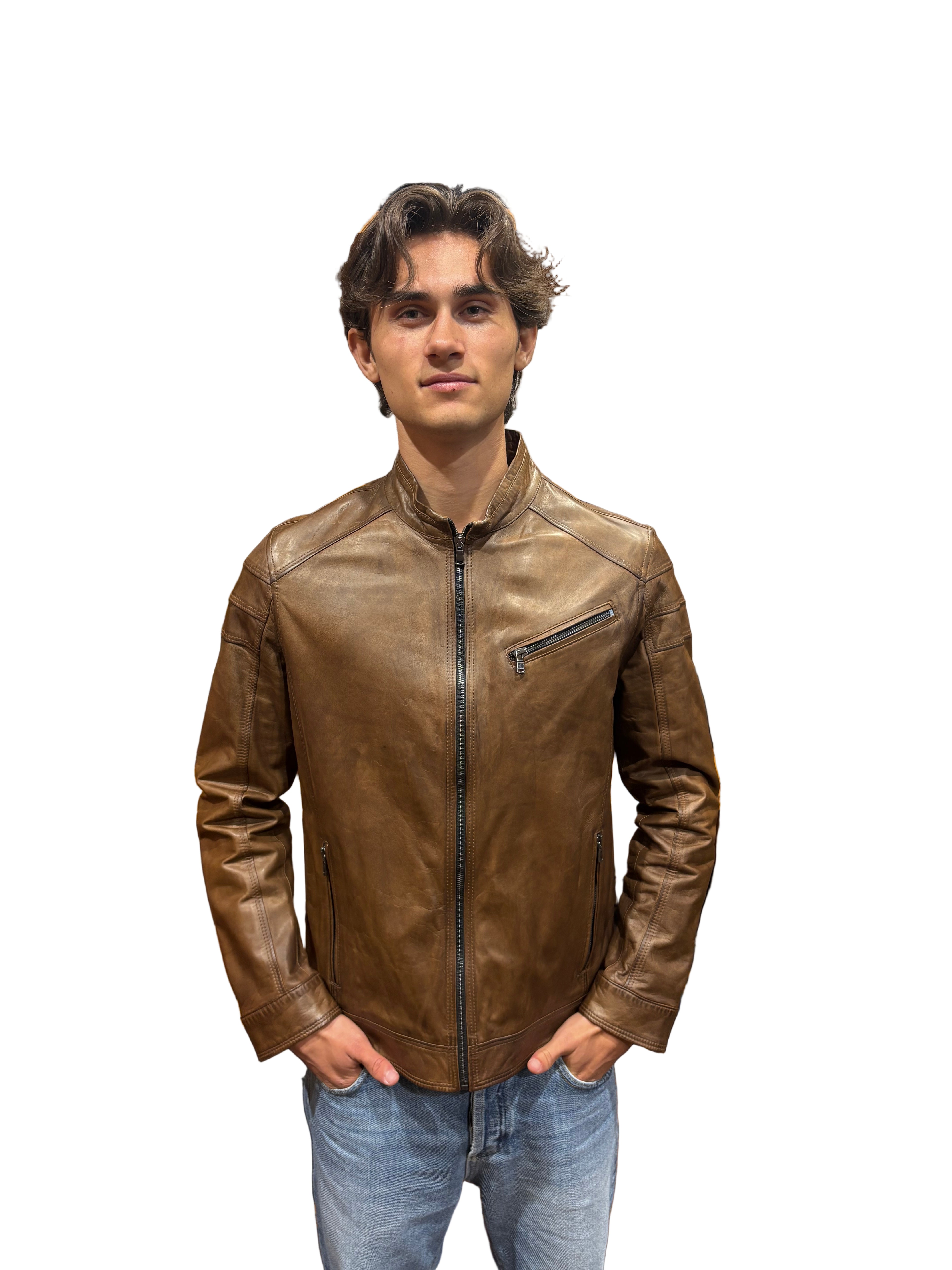 Pegaso Tuscany Men's Hand-Dampened Leather Jacket Burnt