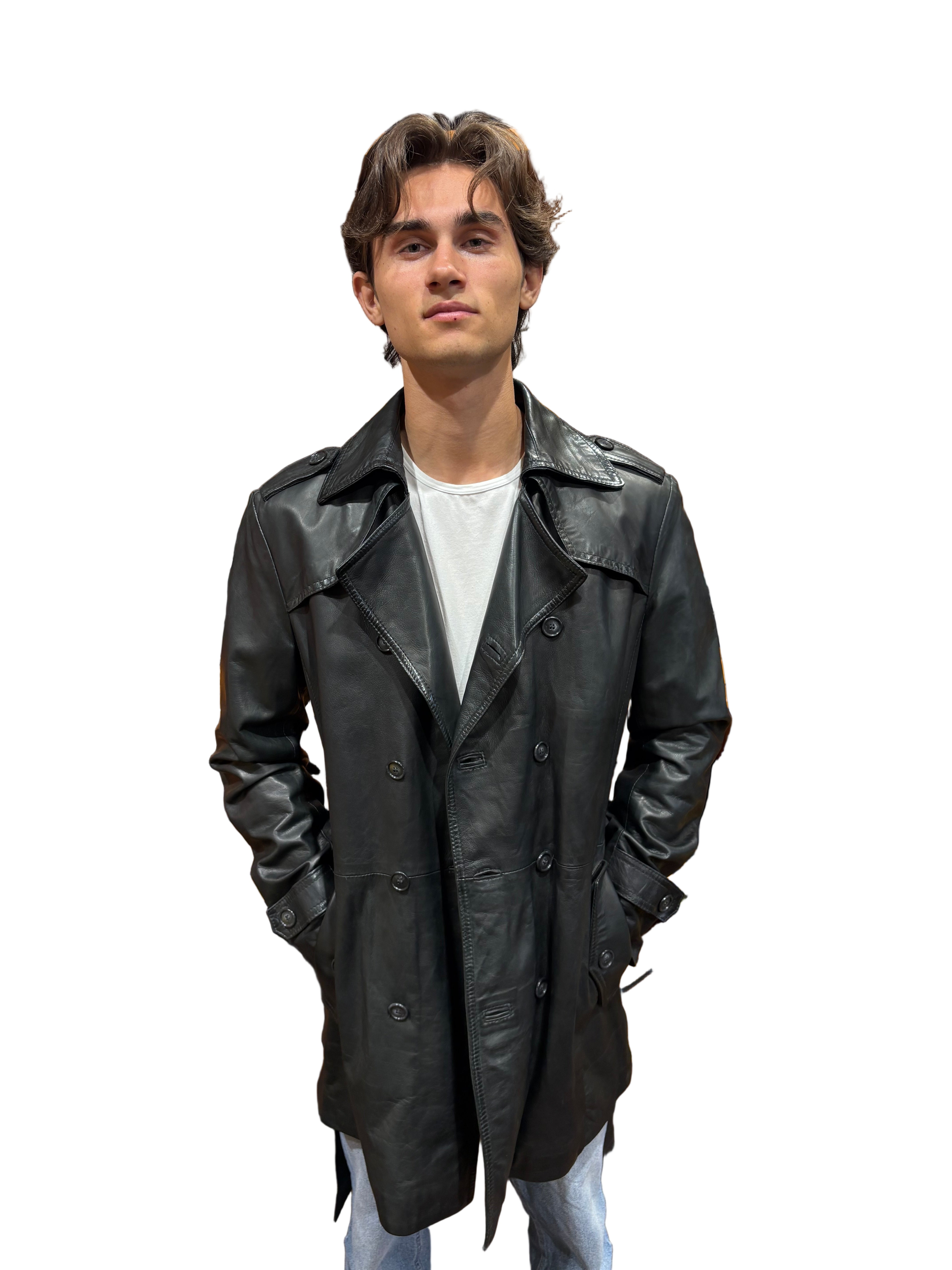 Men's leather trench coat by Allegrini, hand-stamped in Tuscany, black