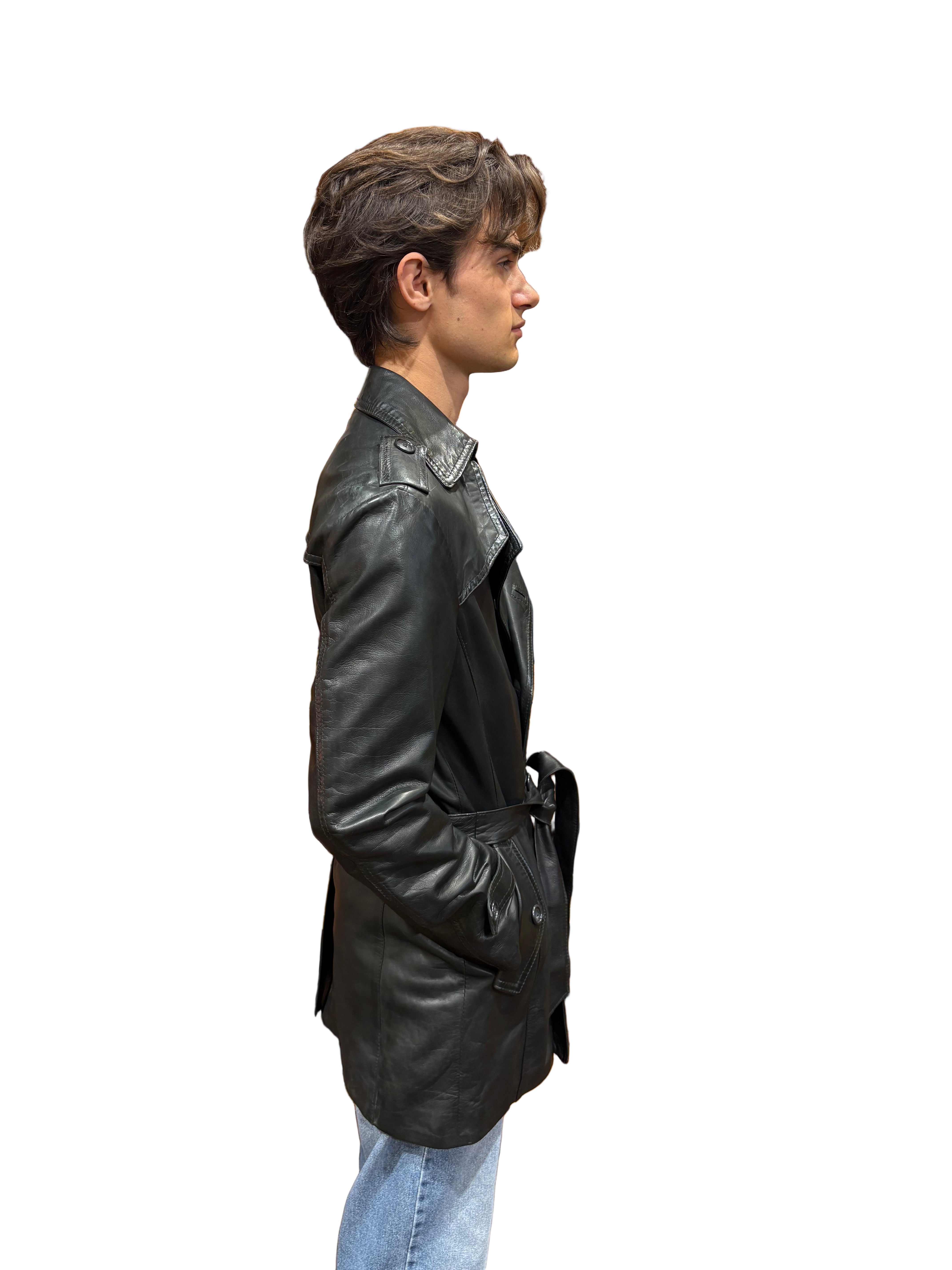 Men's leather trench coat by Allegrini, hand-stamped in Tuscany, black