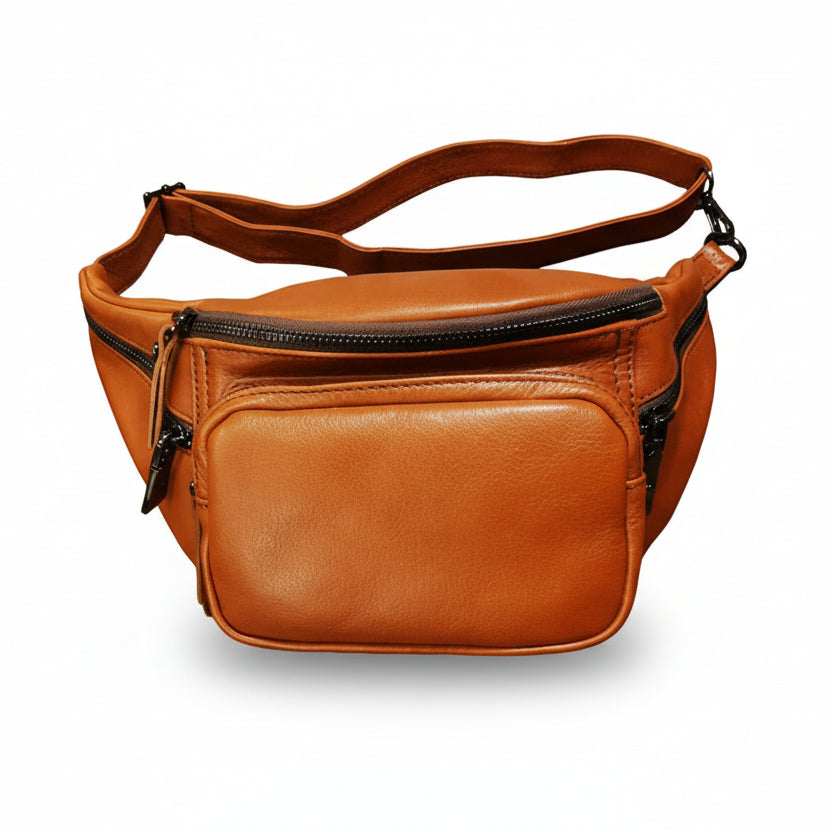 Large Leather Bum Bag Bruno Rossi RH42 Brandy