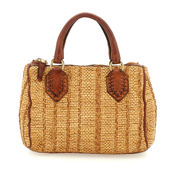 Raffia and leather satchel bag Riccarda-Montecatini Campomaggi C043960ND X3013 White and cognac dyed