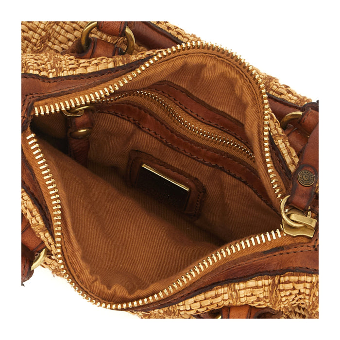 Raffia and leather satchel bag Riccarda-Montecatini Campomaggi C043960ND X3013 White and cognac dyed