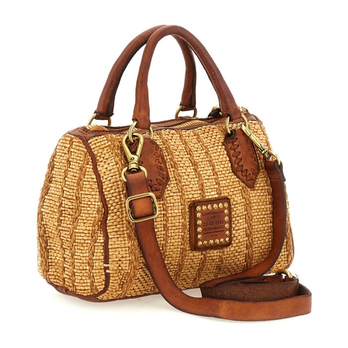 Bauletto Riccarda - Montecatini in tessuto rafia e pelle Campomaggi C043960ND X3013 Bianco e tinto Cognac - Pelletteria Allegrini